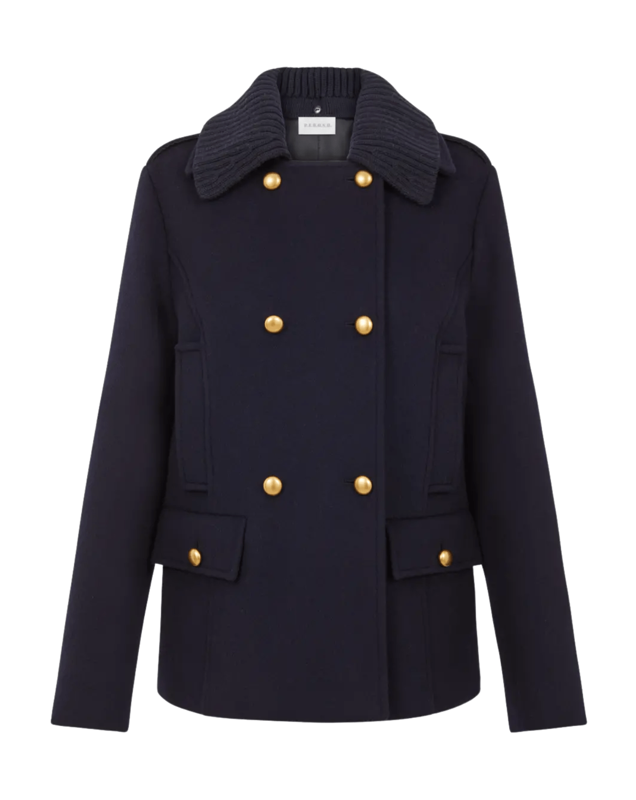 Navy peacoat with gold buttons on a white background