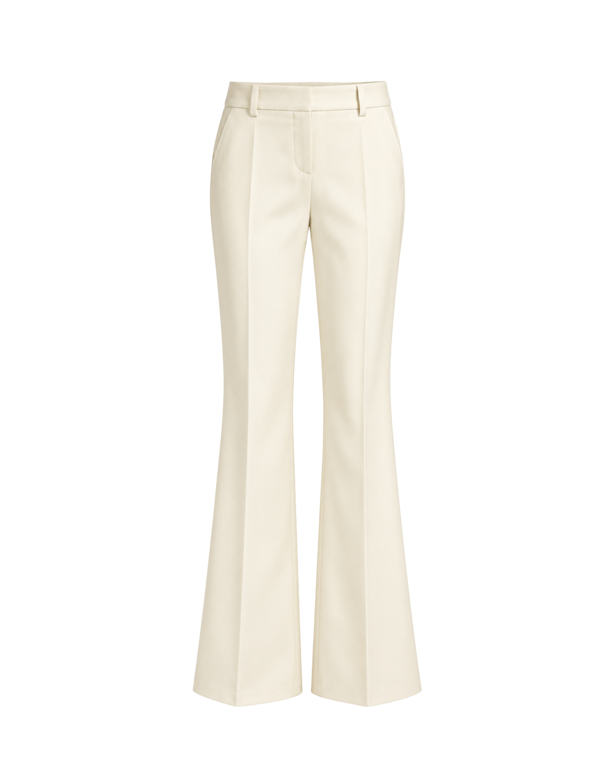 A pair of high-waisted, straight-leg flared trousers in a warm cream or off-white color, shown on a plain white background.