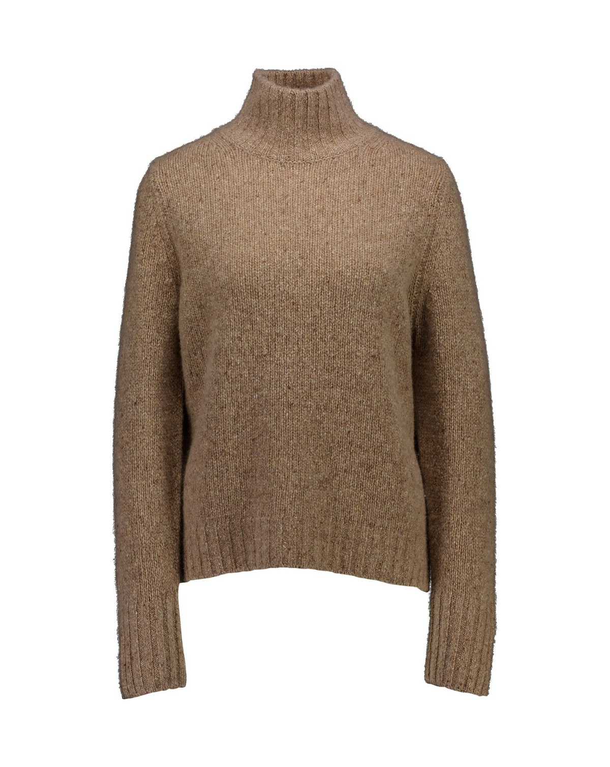 A brown ribbed knit turtleneck sweater displayed on a ghost mannequin against a plain white background.