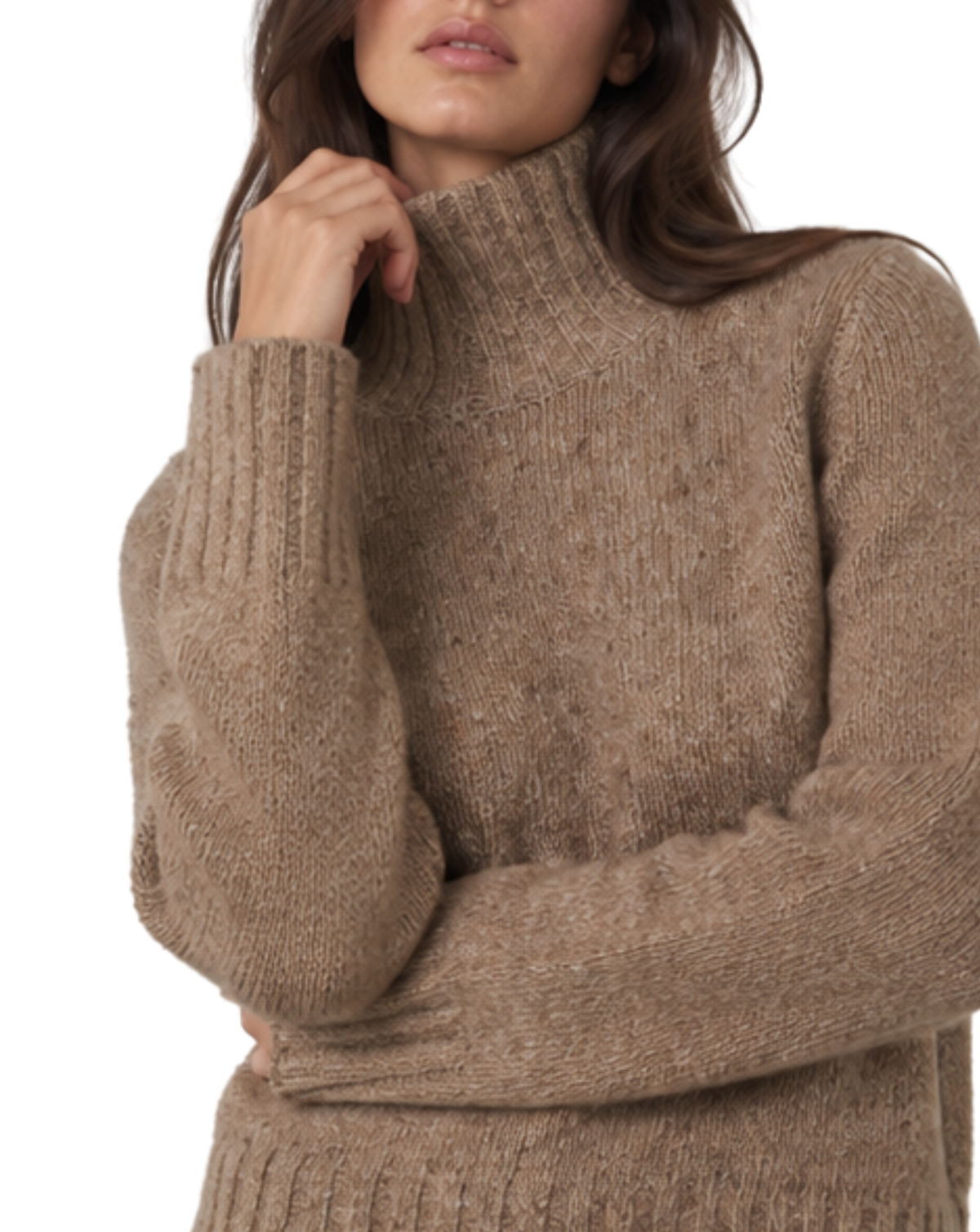 A model wearing a beige ribbed turtleneck sweater and dark brown wide-leg trousers, shown from the neck down against a plain white background.