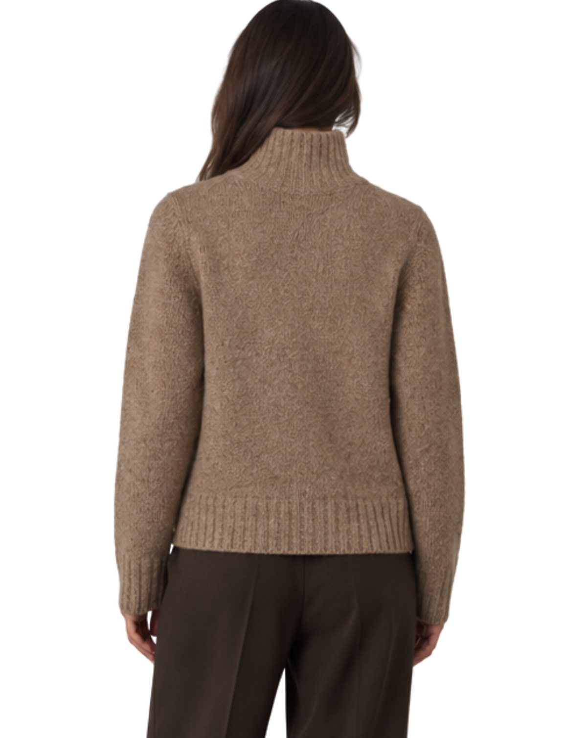 A woman viewed from the back wearing a taupe brown ribbed turtleneck sweater and dark brown trousers, set against a plain white background.