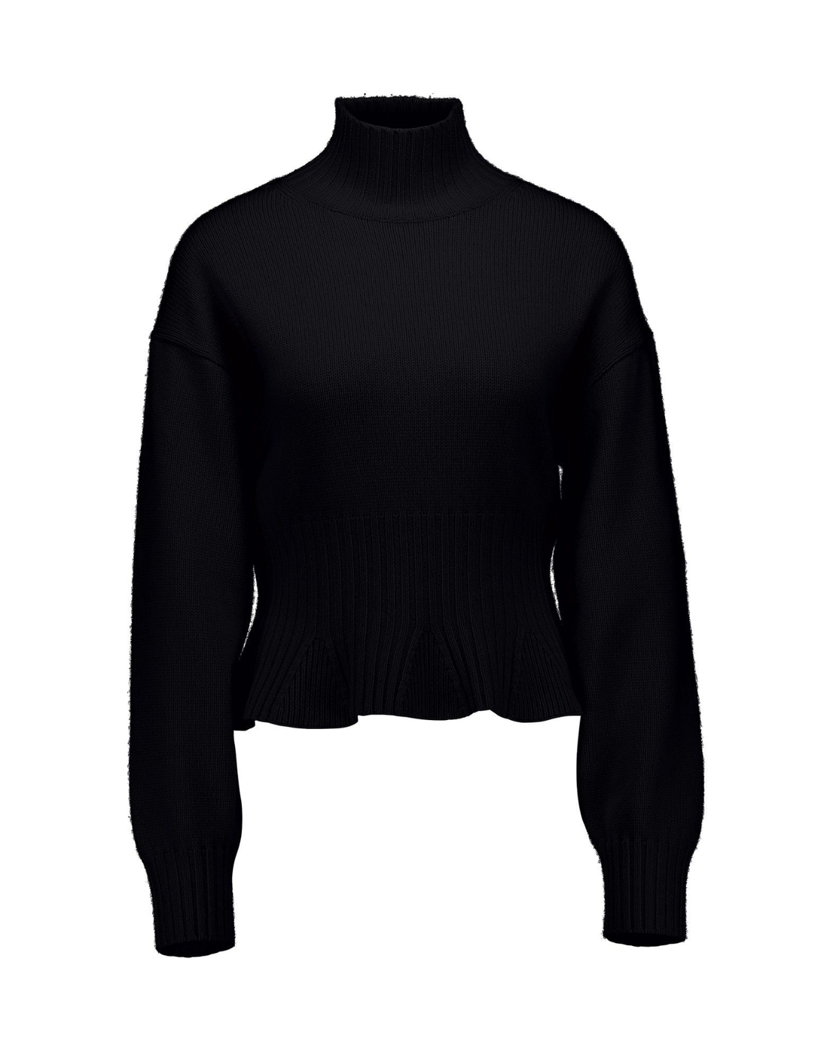 A black cropped turtleneck sweater with long sleeves and a ribbed peplum hem, shown against a plain white background.