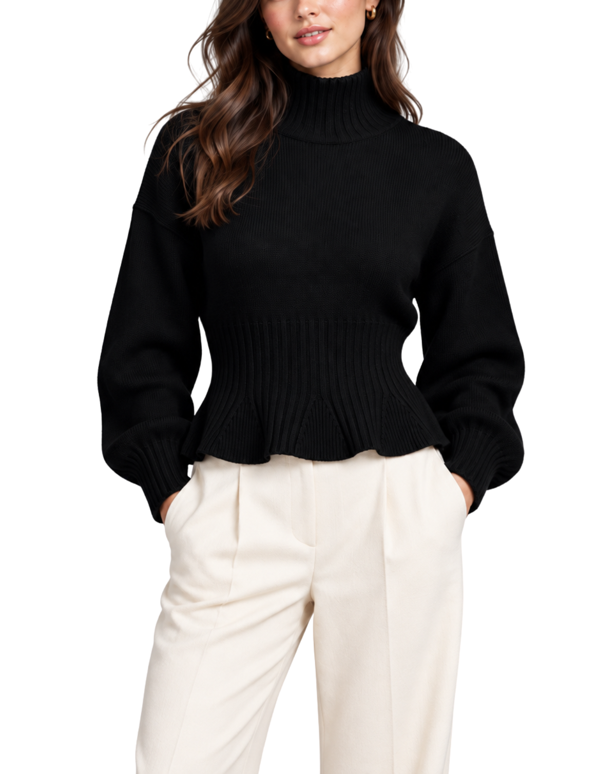 A woman wearing a black ribbed knit mock-neck sweater with balloon sleeves and a flared hem, paired with off-white trousers, against a plain white background.