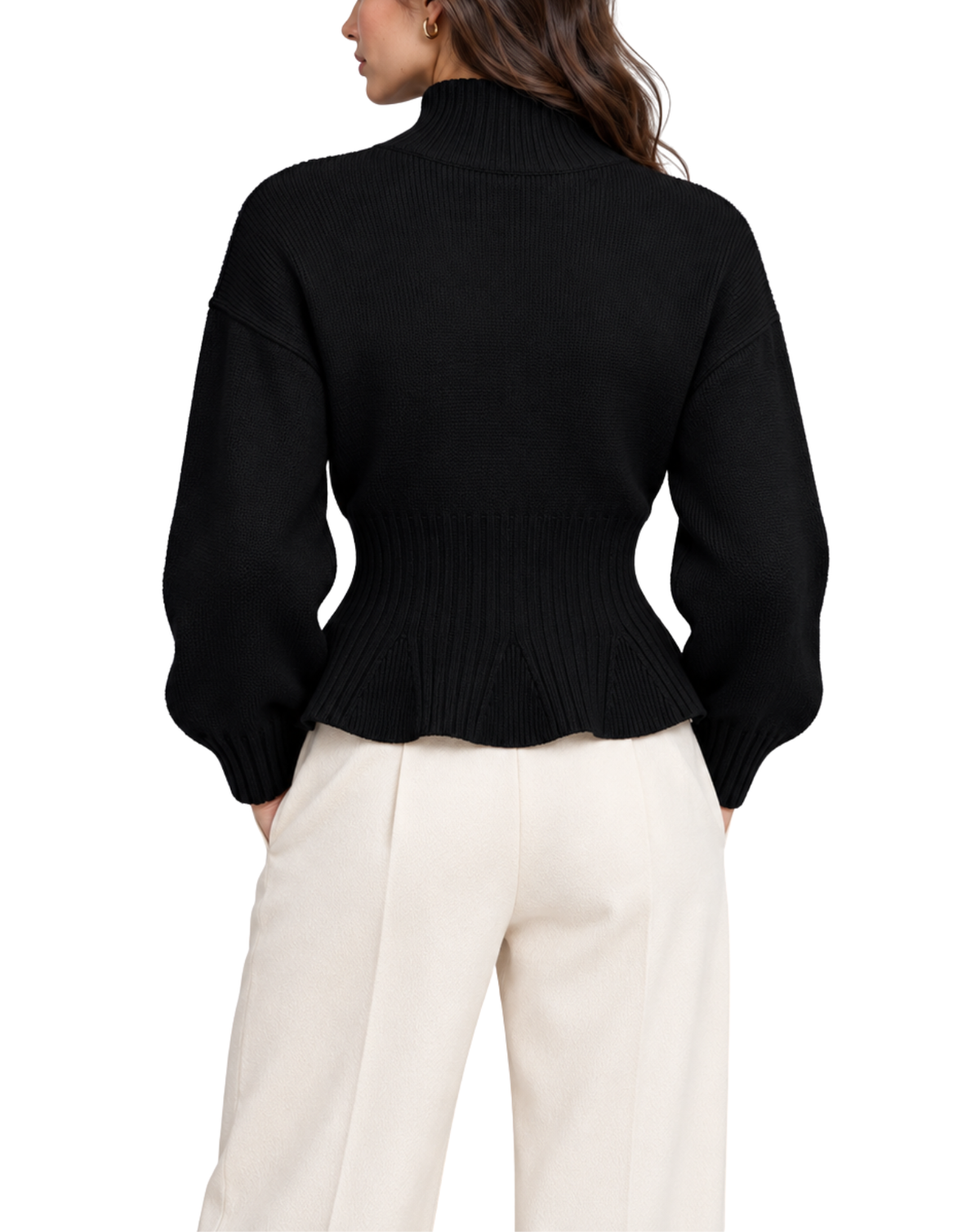 A woman shown from the back wearing a black ribbed mock-neck sweater with balloon sleeves and cream-colored wide-leg trousers, against a plain white background.