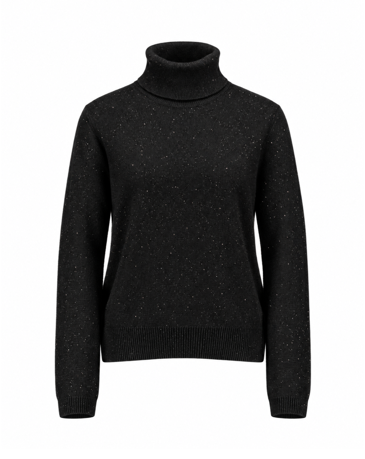A black turtleneck sweater with subtle silver glitter flecks, displayed on a clean white background.