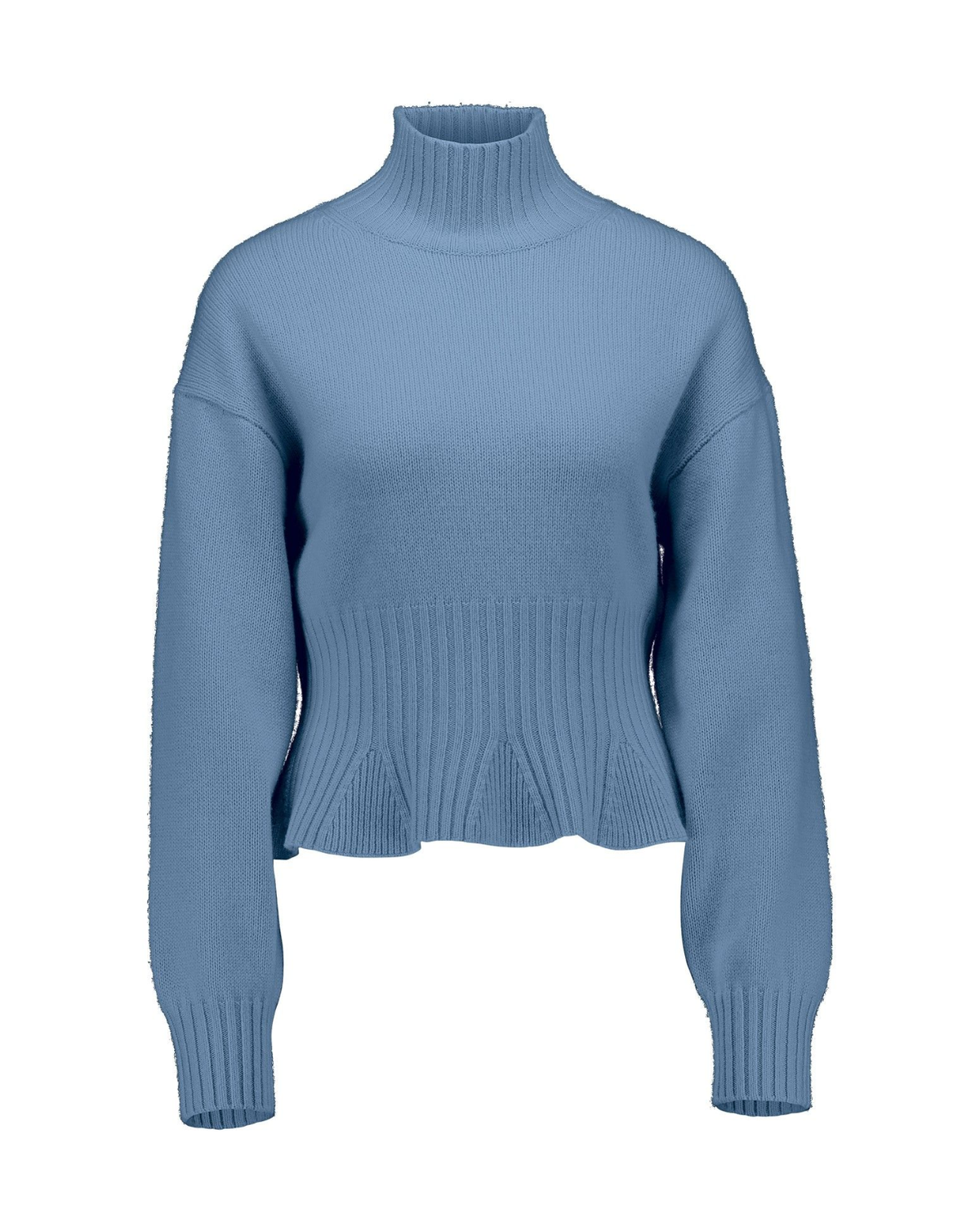A light blue cropped knit turtleneck sweater with long sleeves and a ribbed peplum hem, shown against a plain white background.
