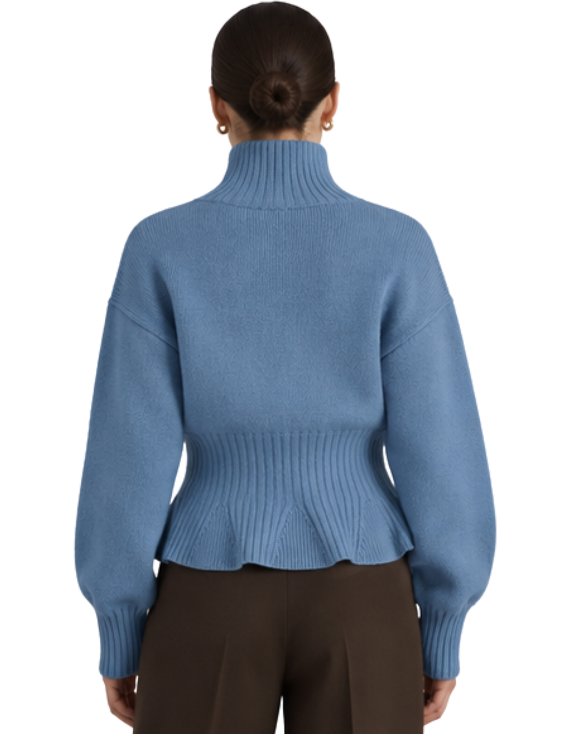 A woman shown from the back wearing a light blue ribbed turtleneck sweater with balloon sleeves and a peplum hem, paired with dark brown pants, against a plain white background.