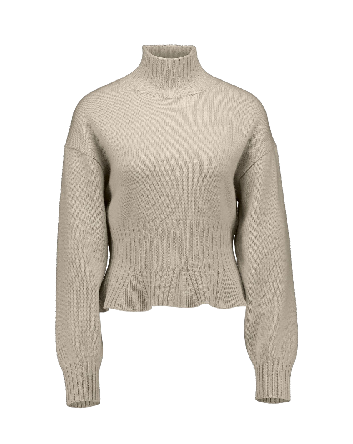 A cropped ribbed knit turtleneck sweater in a light beige color, displayed on a clean white background.
