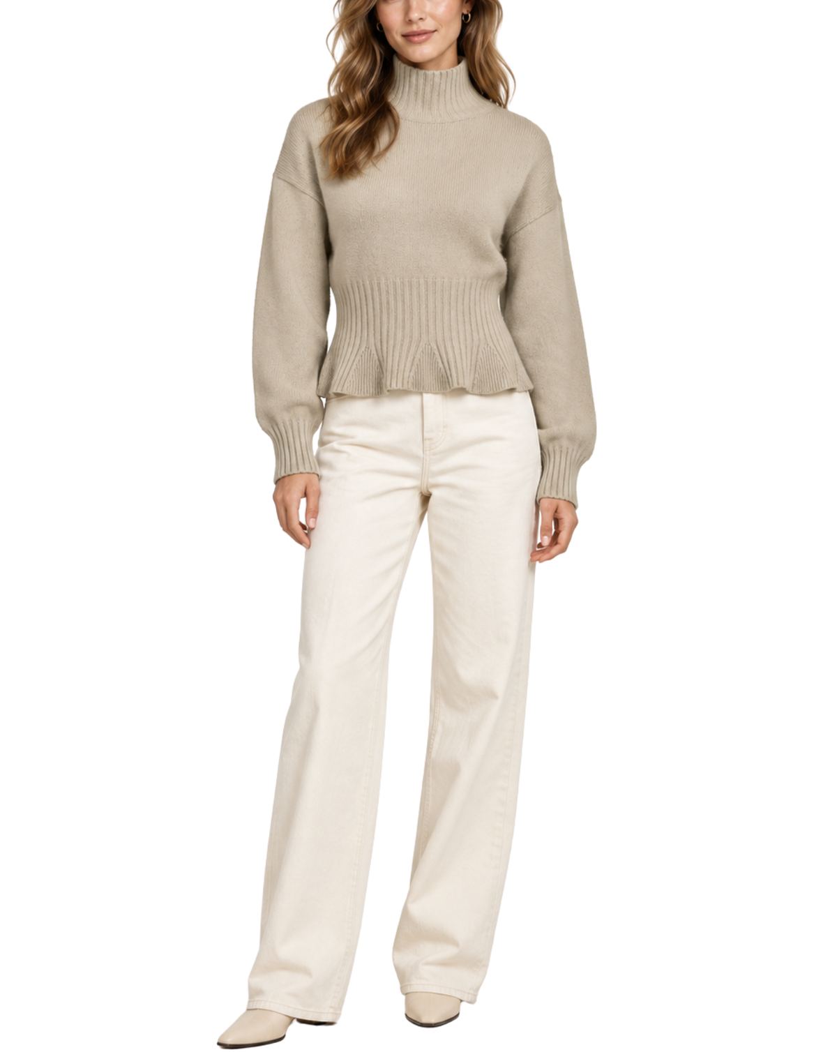 A woman modeling a light beige ribbed knit mock-neck sweater with a flared waist, paired with off-white straight-leg jeans and beige pointed-toe heels, against a plain white background.