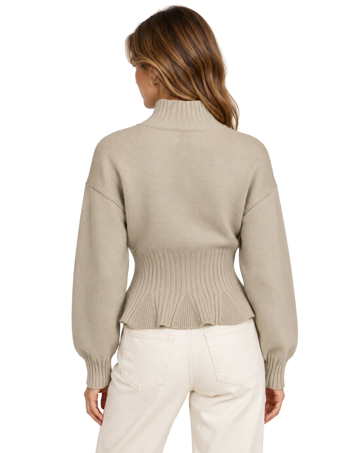 A woman shown from the back wearing a light beige ribbed knit mock-neck sweater with a flared waist and cream-colored pants, set against a plain white background.