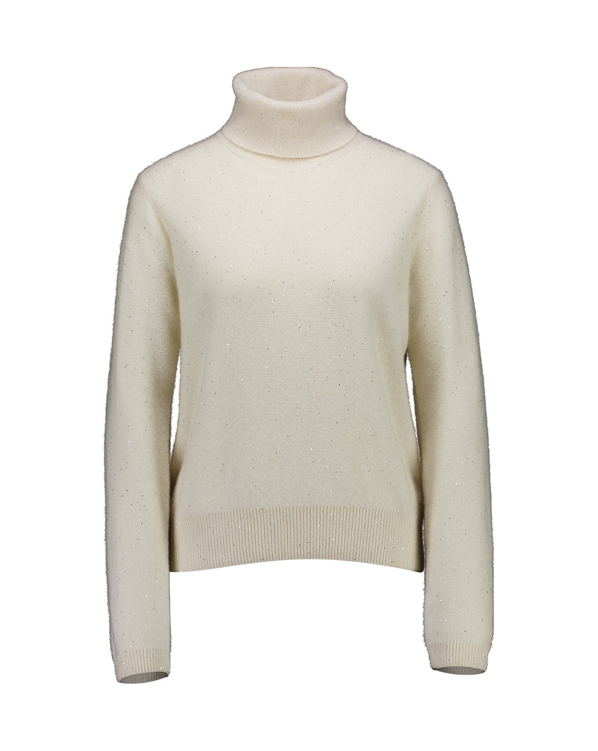 A cream-colored knit turtleneck sweater with subtle sparkly flecks, shown on a plain white background.