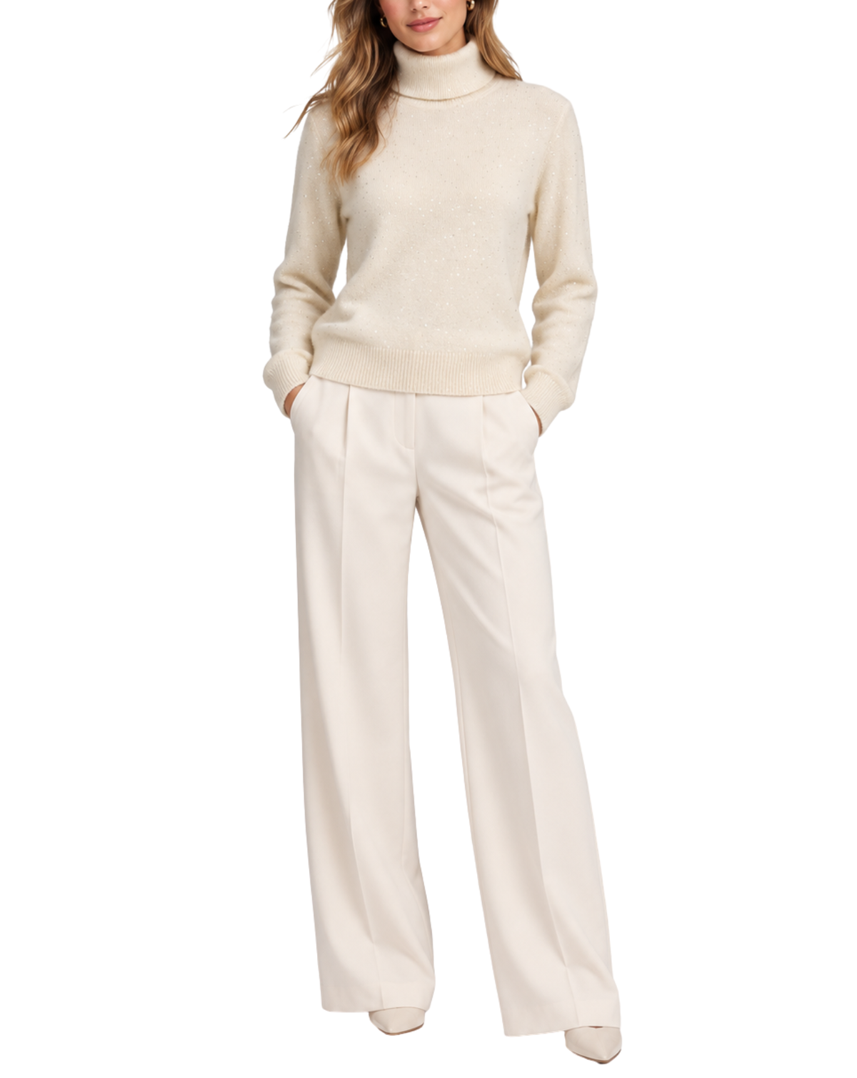 A woman modeling a cream-colored knit turtleneck sweater paired with matching wide-leg trousers, shown against a plain white studio background.