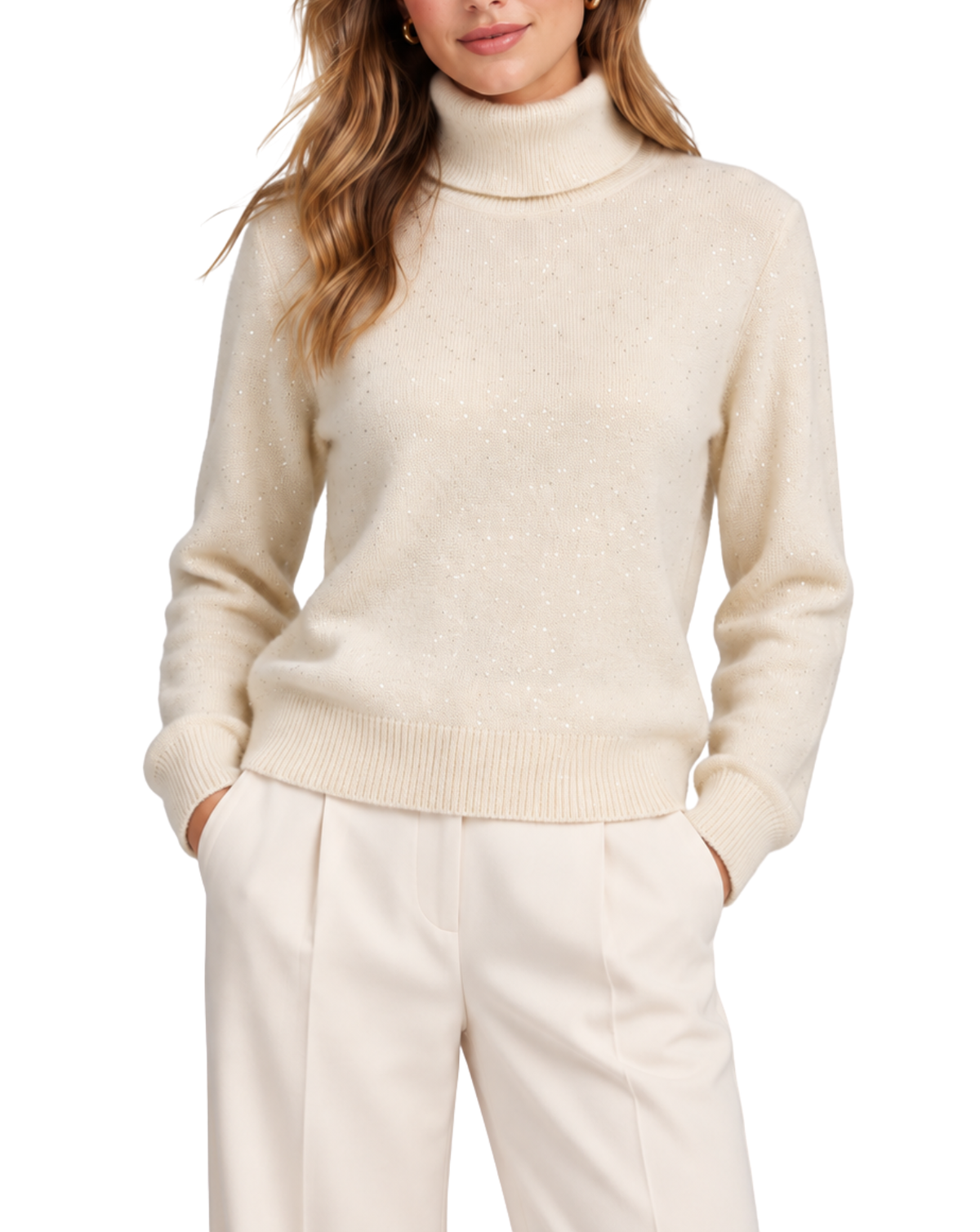 A woman wearing a cream-colored, sparkly turtleneck sweater and matching cream trousers, shown from the waist up against a plain white background.