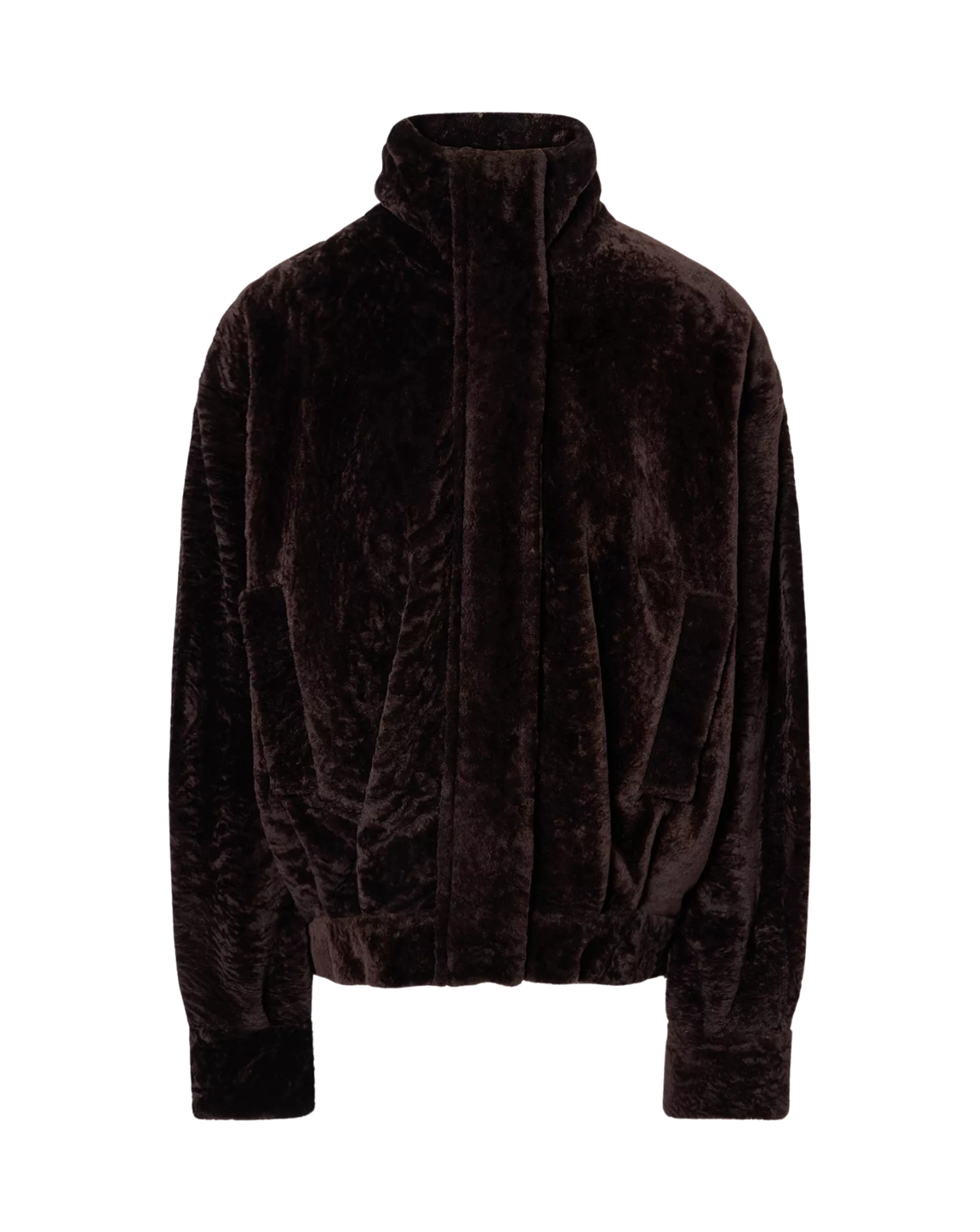 A dark brown plush velvet jacket with a high stand-up collar, shown on a plain white background.