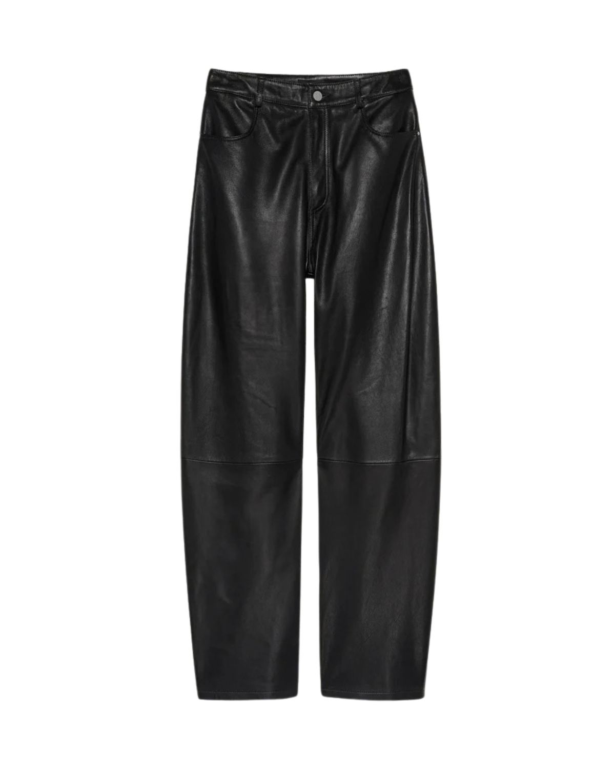 Black faux leather wide-leg pants with a drawstring waist and front pockets, shown flat on a white background.