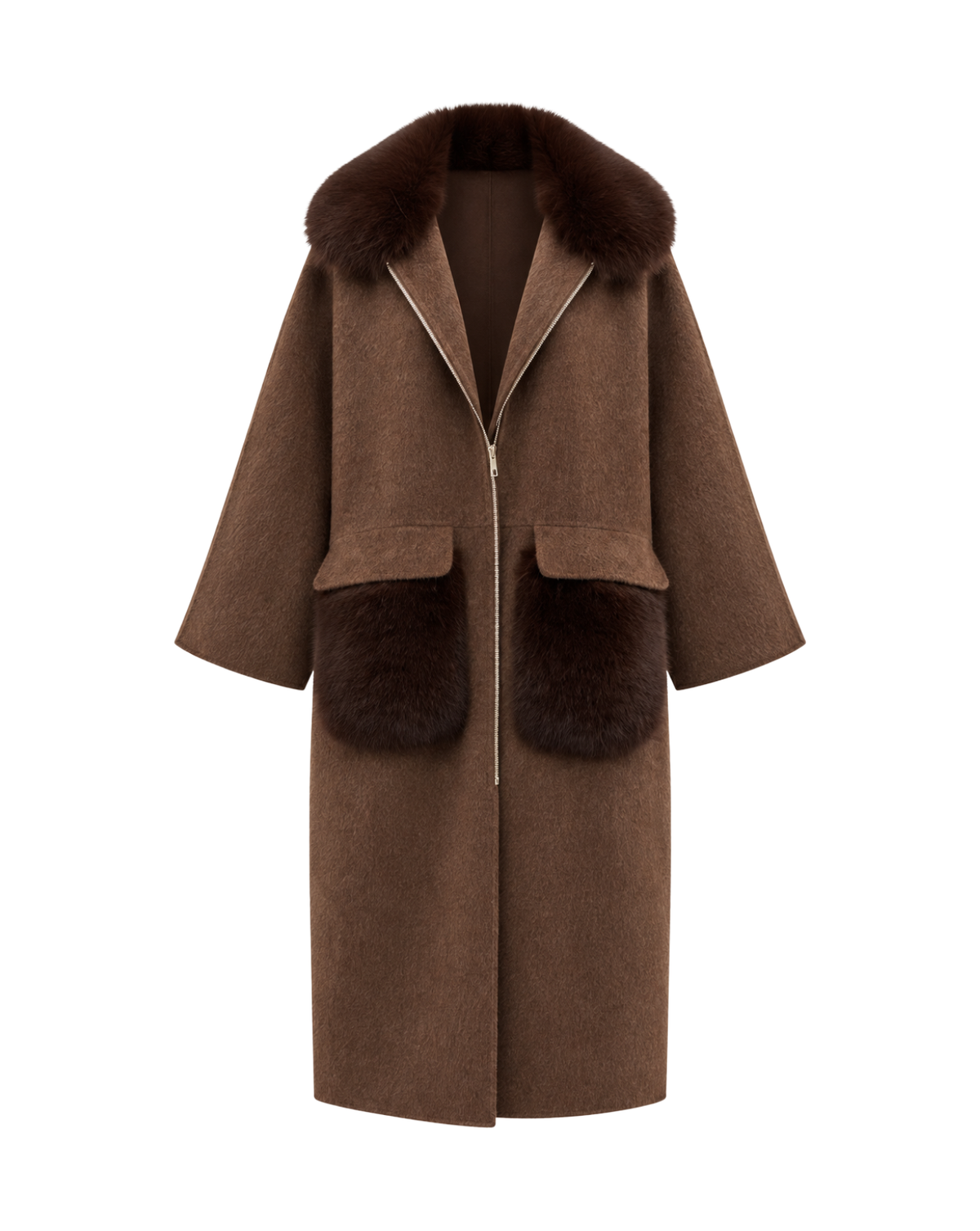 A brown wool coat with a dark brown fur collar and matching fur pocket flaps, featuring a front zipper closure, shown on a plain white background.