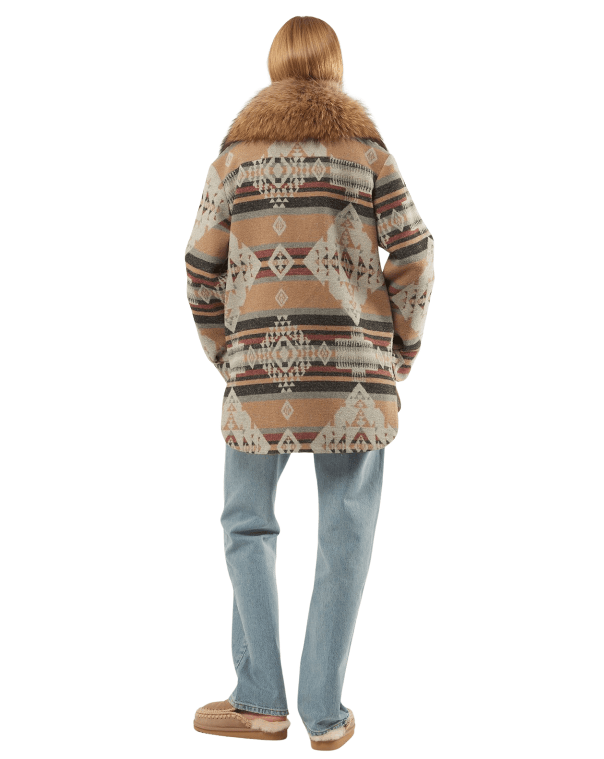 A woman shown from the back wearing a patterned knit cardigan with a brown faux-fur collar, paired with light blue jeans and brown shoes, against a plain white background.