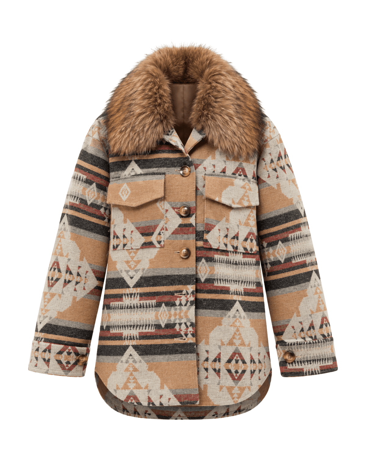A women's mid-length jacket featuring a geometric Southwestern pattern in beige, brown, and black, with a plush brown faux-fur collar and brown buttons, shown on a plain white background.
