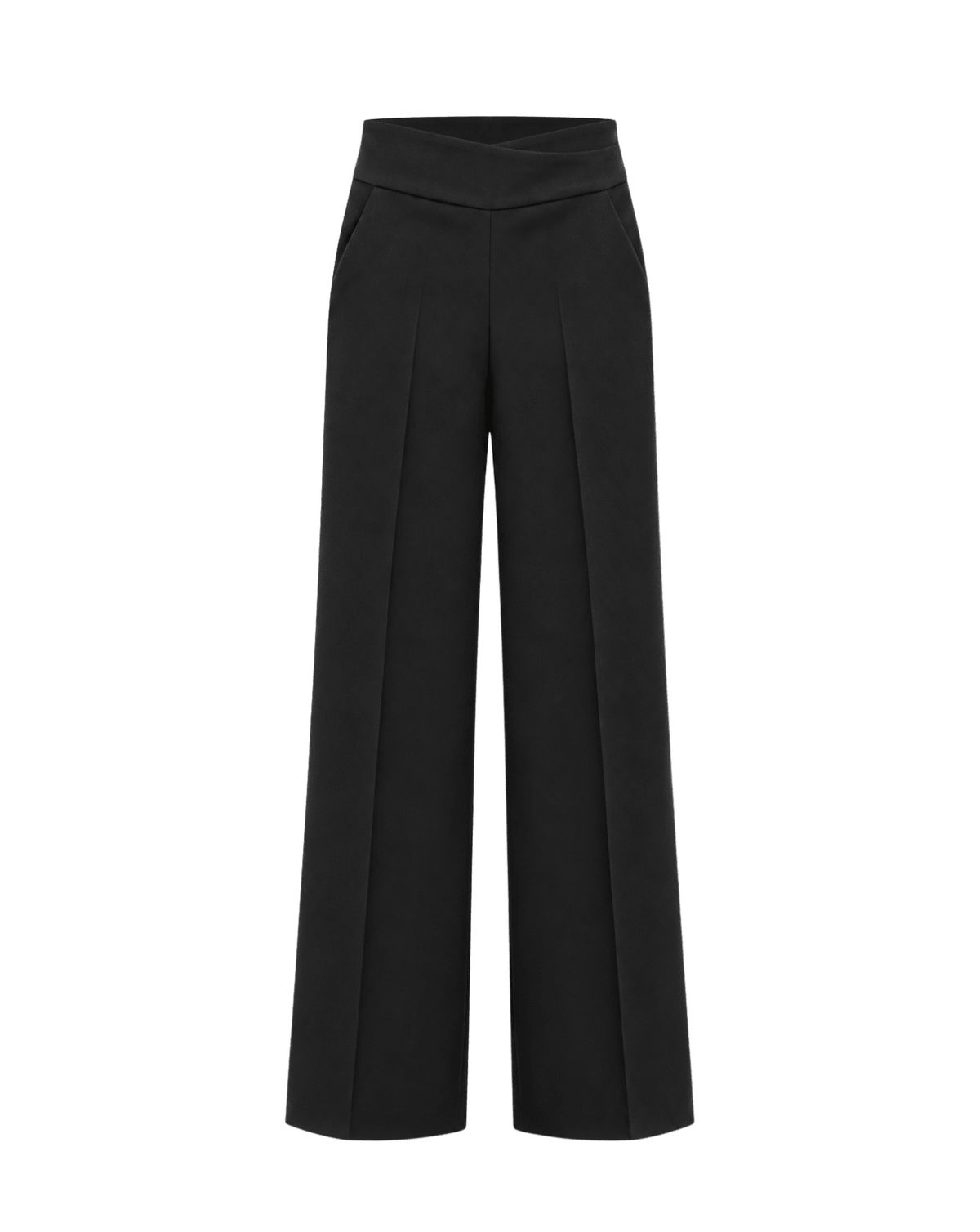Black wide-leg cropped trousers with a high waistband and front pleats, shown on a plain white background.