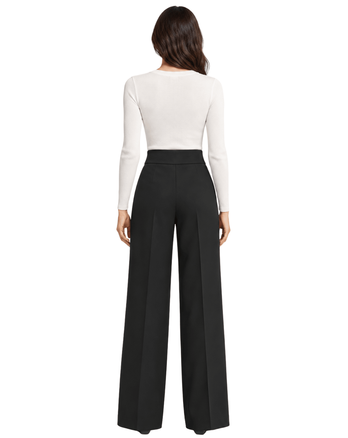A woman shown from the back wearing a fitted white long-sleeve top and high-waisted black wide-leg trousers against a plain white studio background.