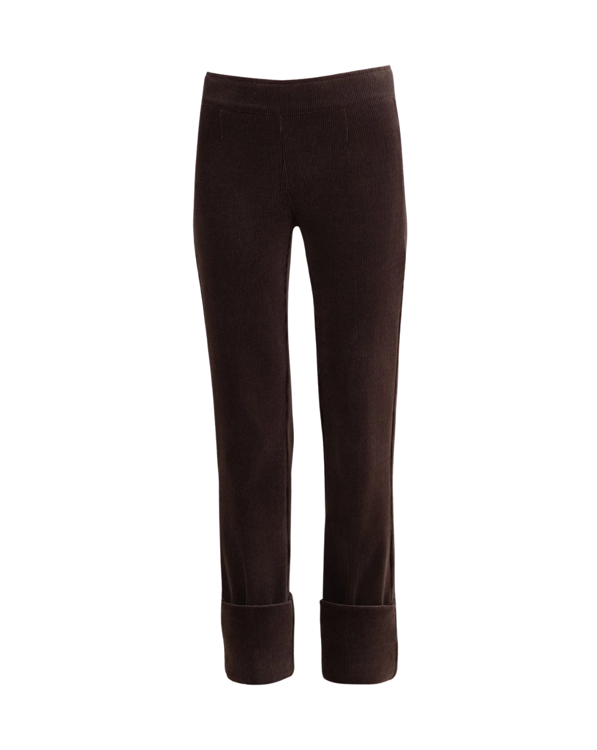 Dark brown corduroy cropped pants with rolled cuffs, shown on a plain white background.