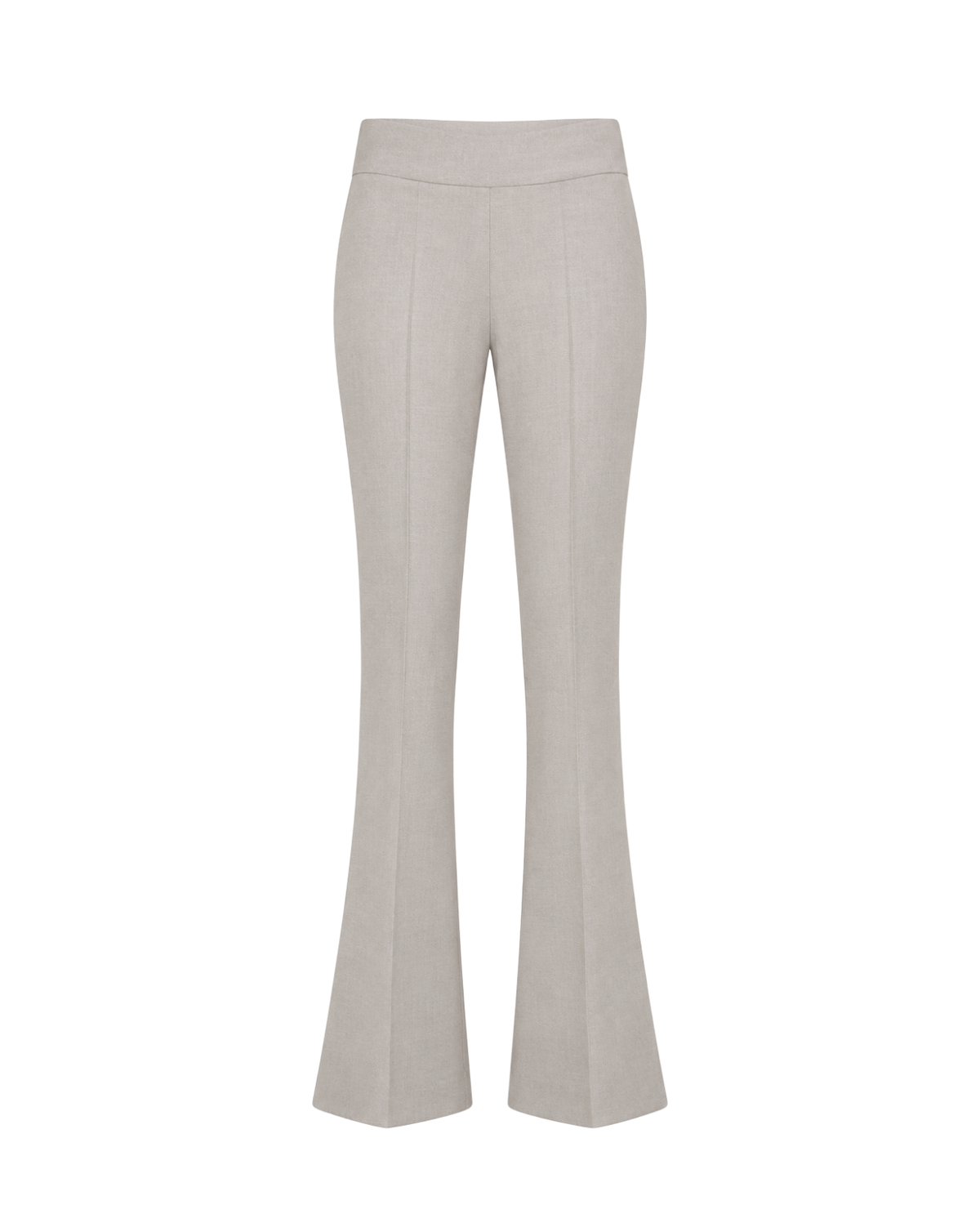 A pair of light beige flared trousers shown on a plain white background.