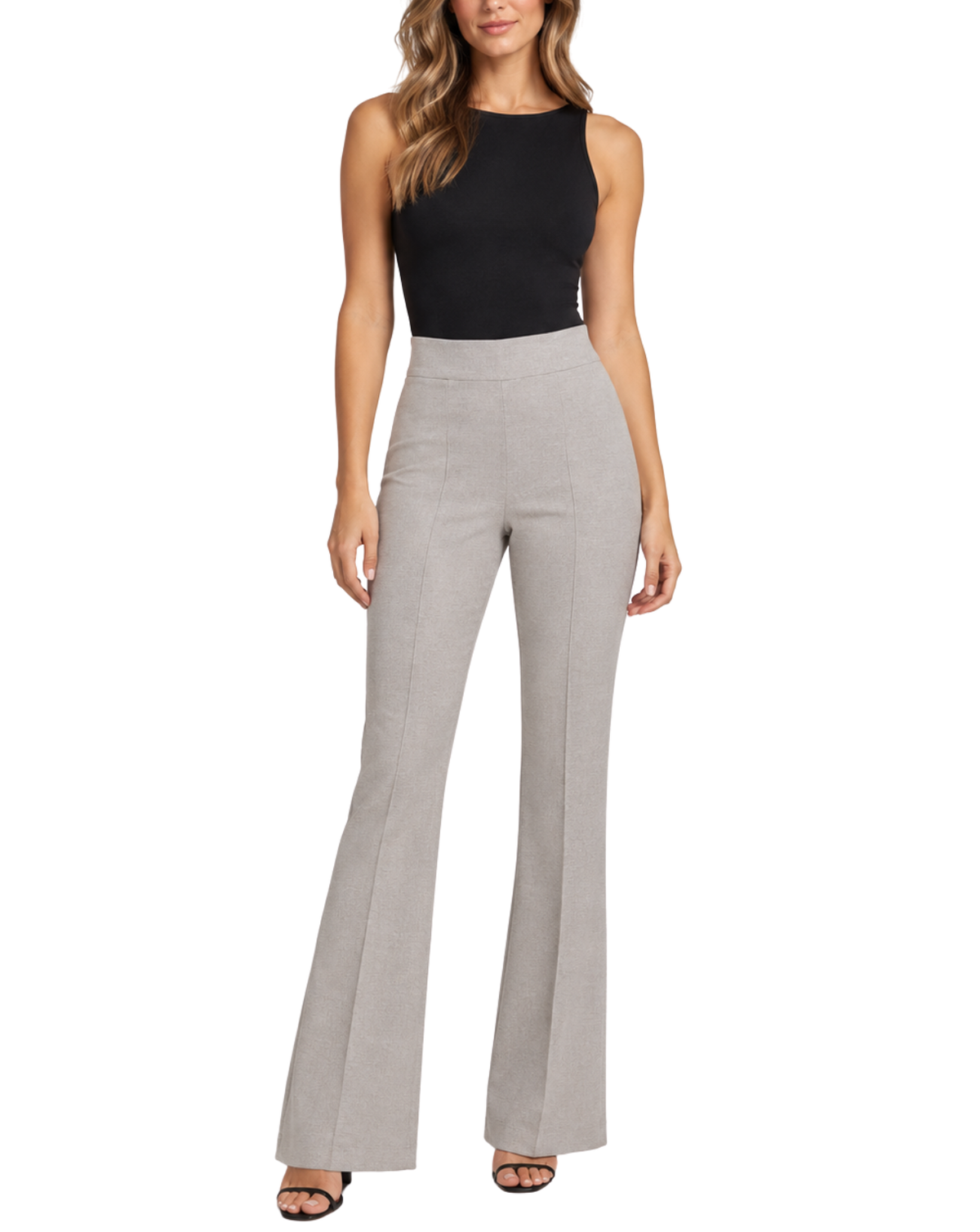 A woman modeling a sleeveless black top and light gray wide-leg flared pants against a plain white background.