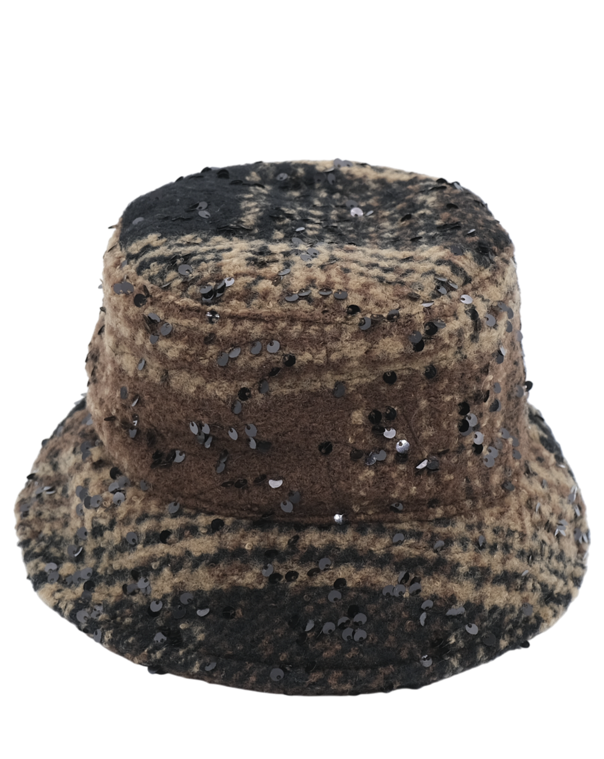 A bucket hat made of a textured brown and black patterned fabric, heavily embellished with scattered black sequins, shown against a plain white background.