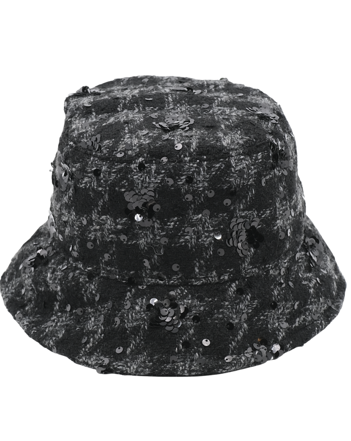 A black bucket hat covered in shimmering silver sequins, shown against a plain white background.