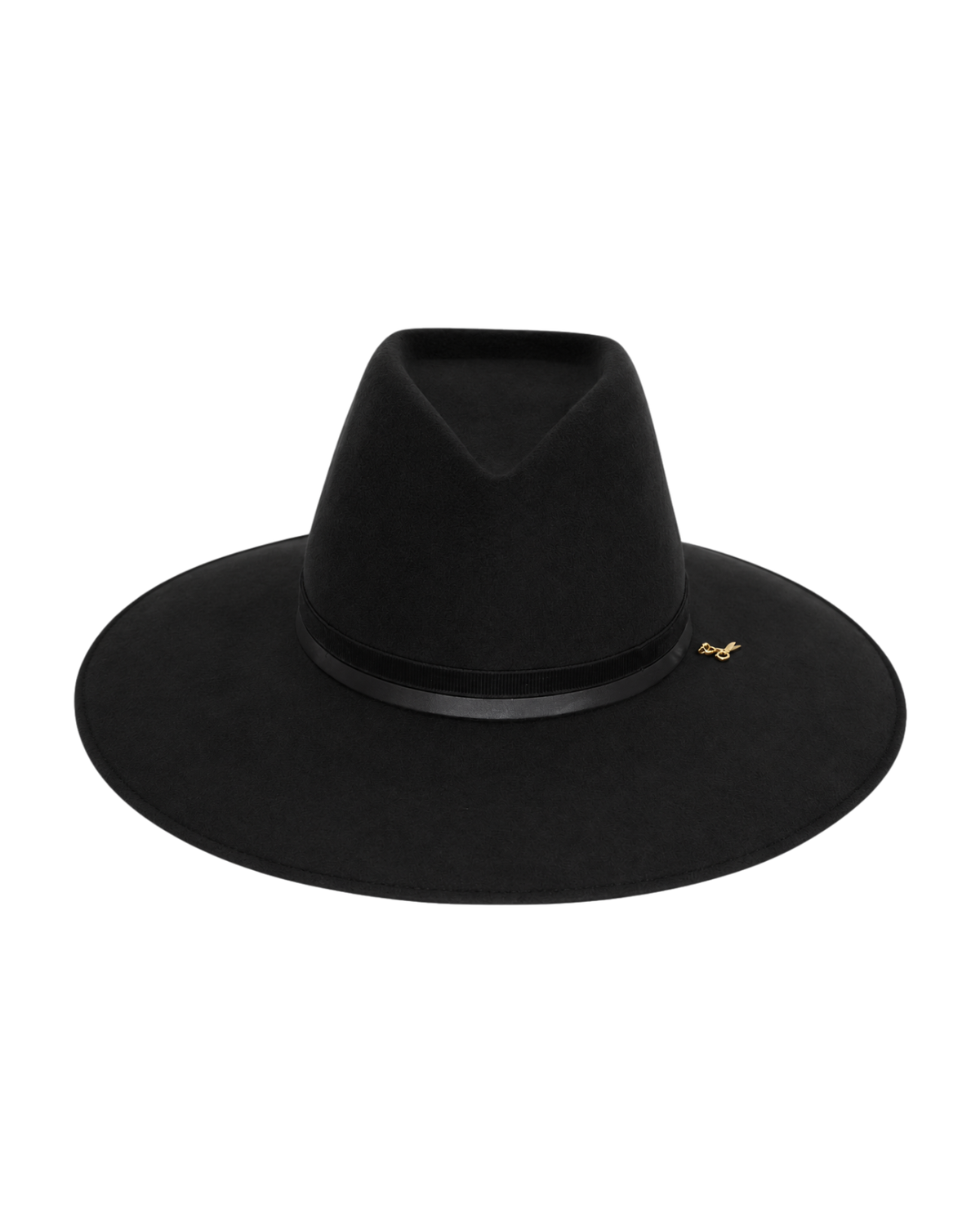 A black wide-brim fedora hat with a small gold embroidered logo on the side, displayed against a solid white background.