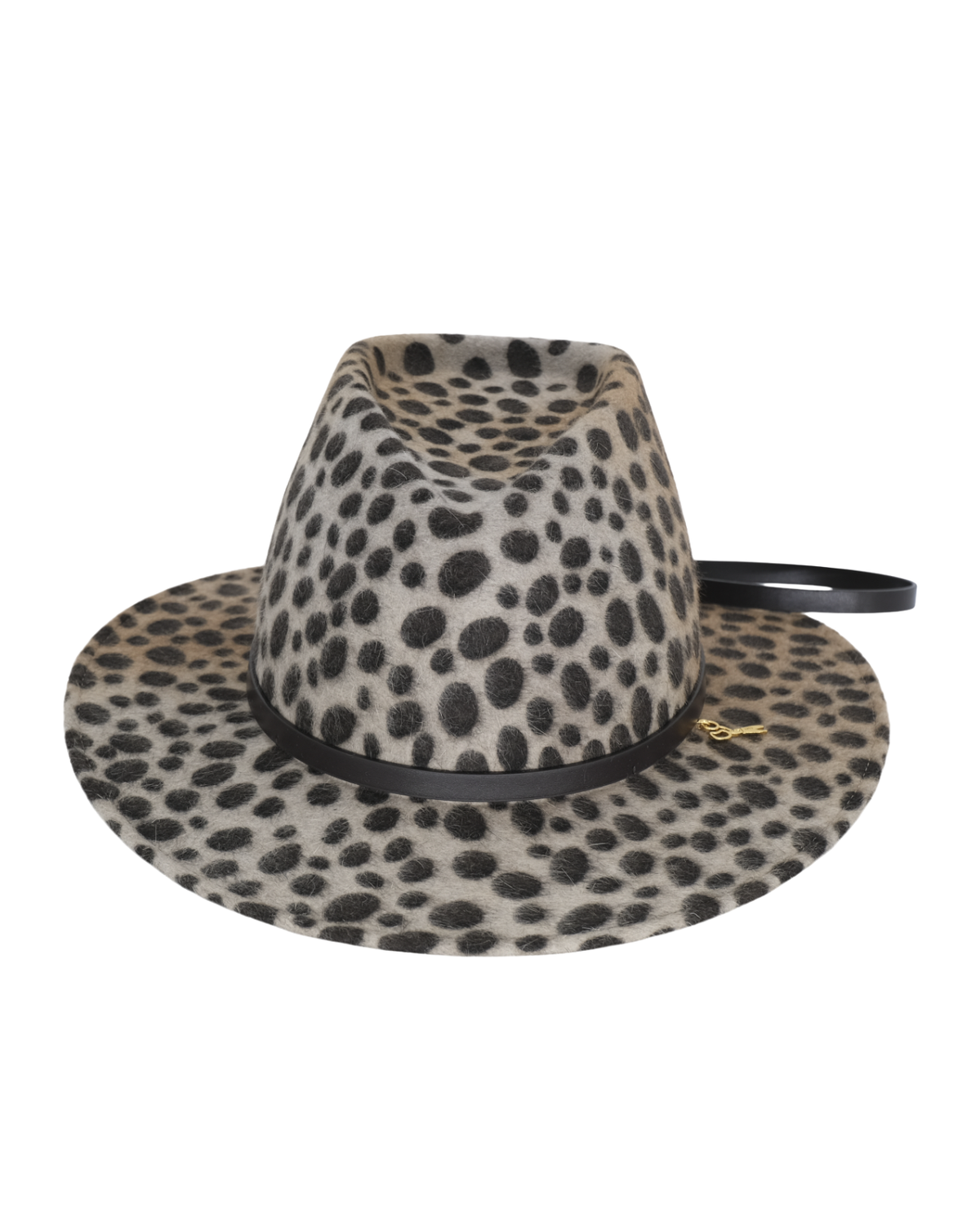 A wide-brim fedora hat in a beige and black leopard print pattern, featuring a black band and a small gold logo emblem on the side.