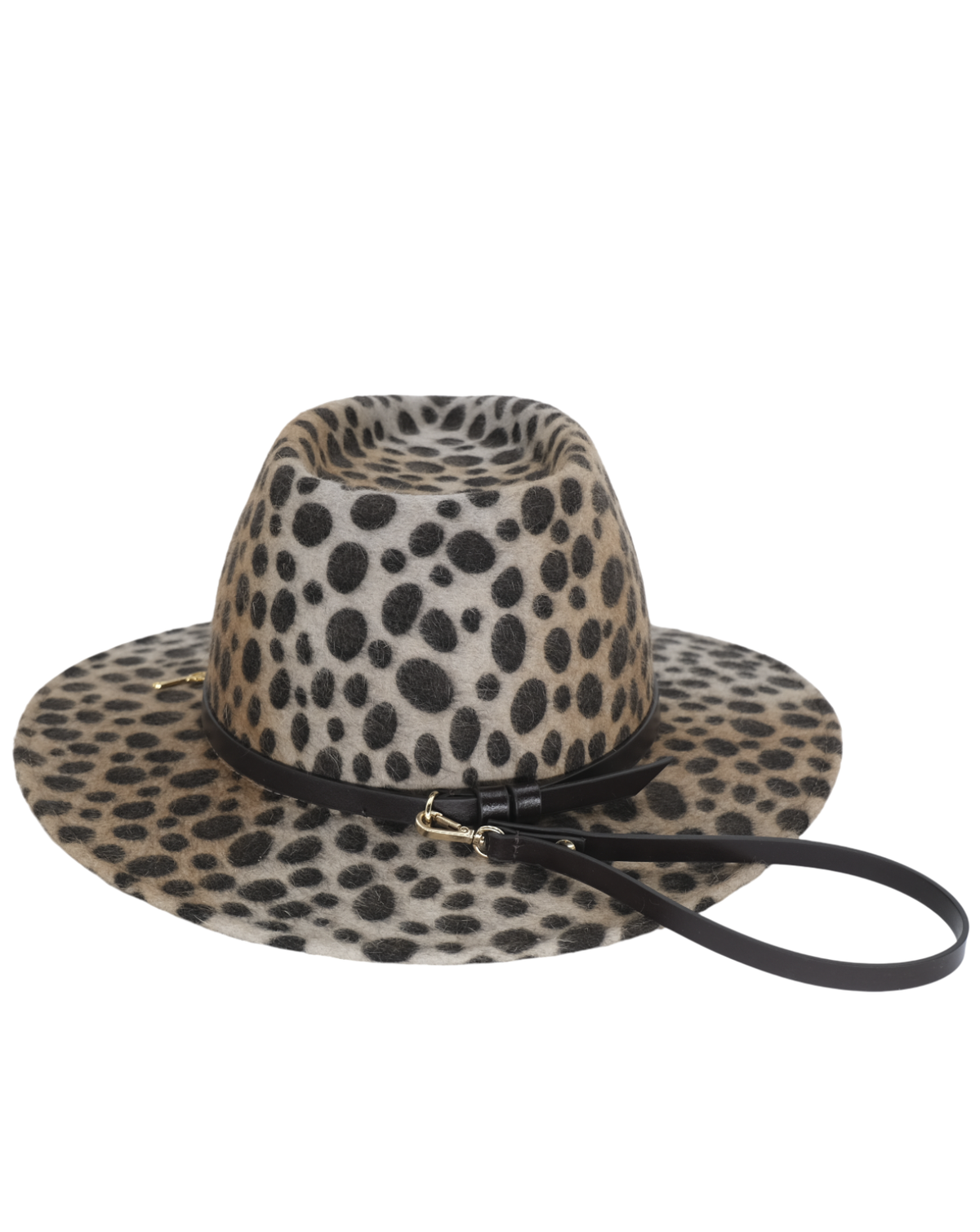 A leopard-print fedora hat with a black leather band and matching wrist strap, shown against a plain white background.