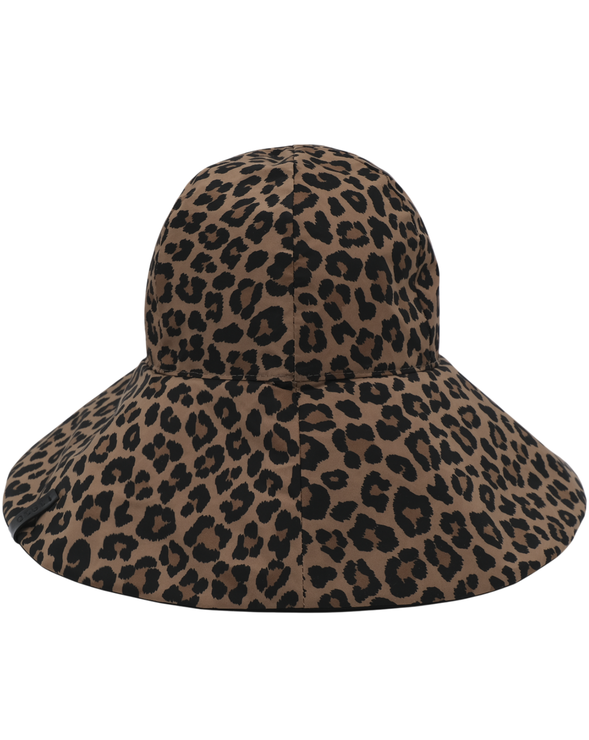 A leopard print bucket hat in brown and black, shown against a plain white background.