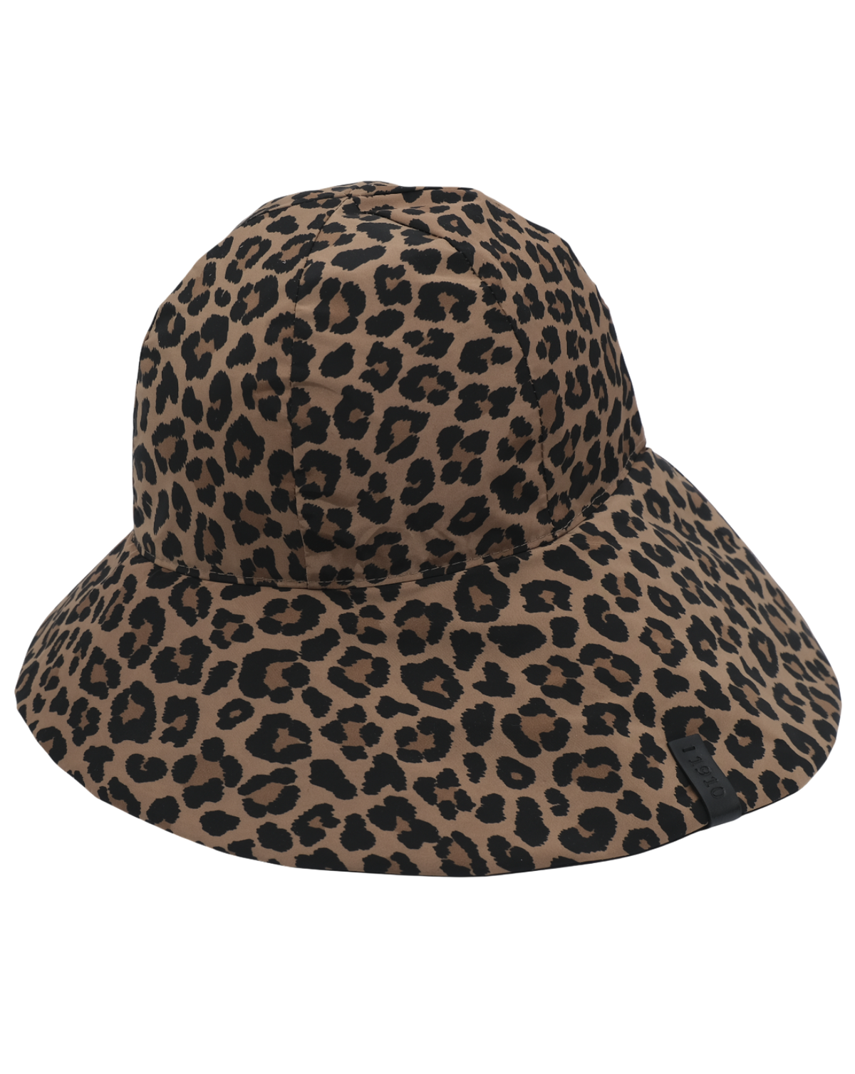 A bucket hat with a classic leopard print pattern in brown and black, photographed against a solid white background.
