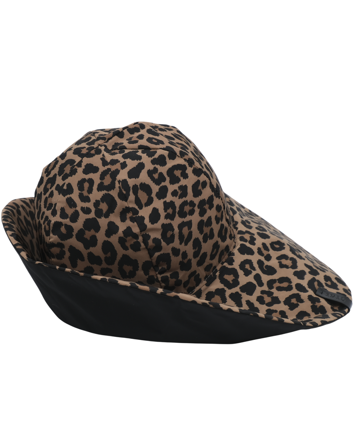 A wide-brimmed sun hat with a brown and black leopard print pattern on the crown and brim, featuring a solid black underside.