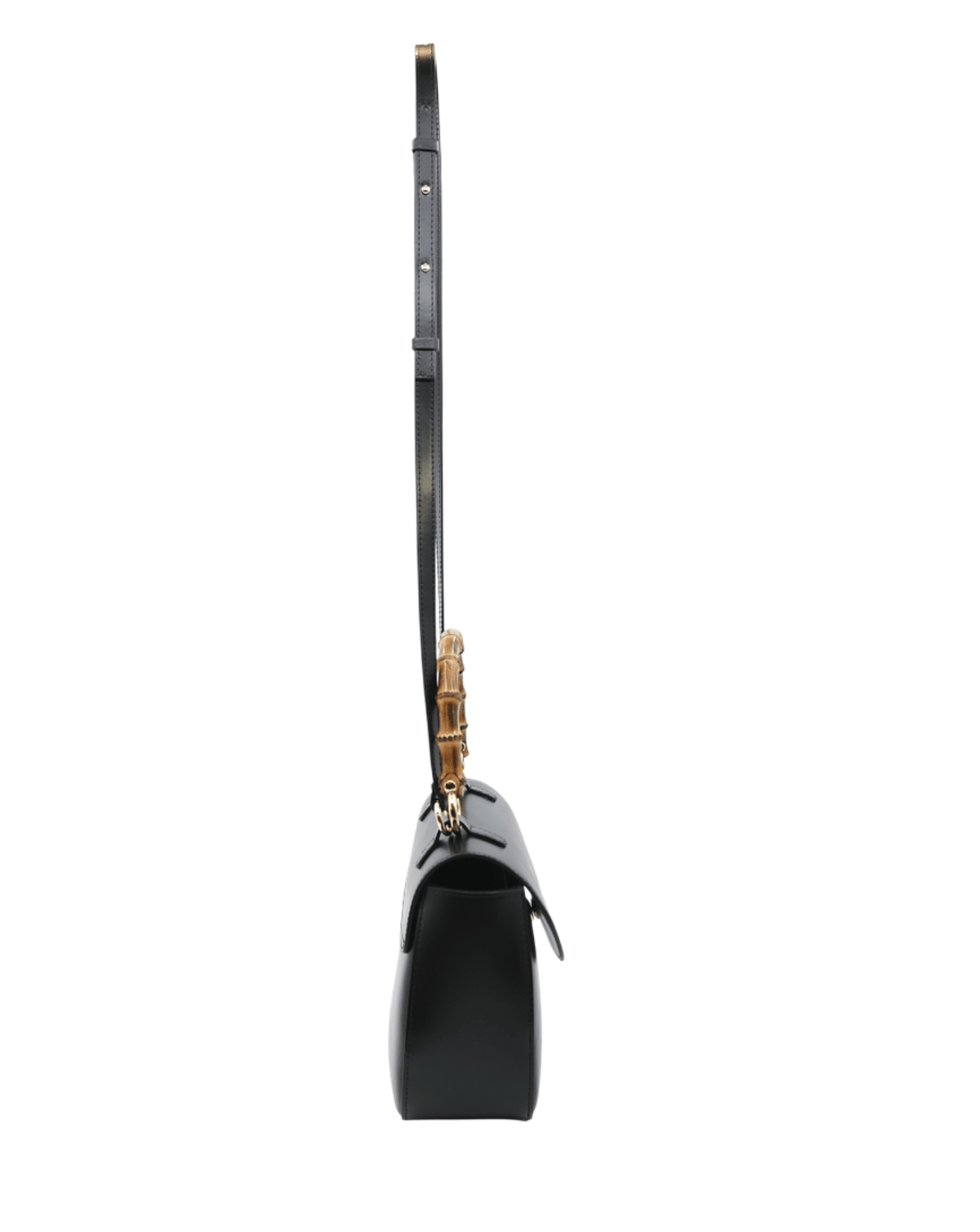 A side profile view of a black leather shoulder bag with a distinctive gold-tone metal chain-link handle, shown against a plain white background.