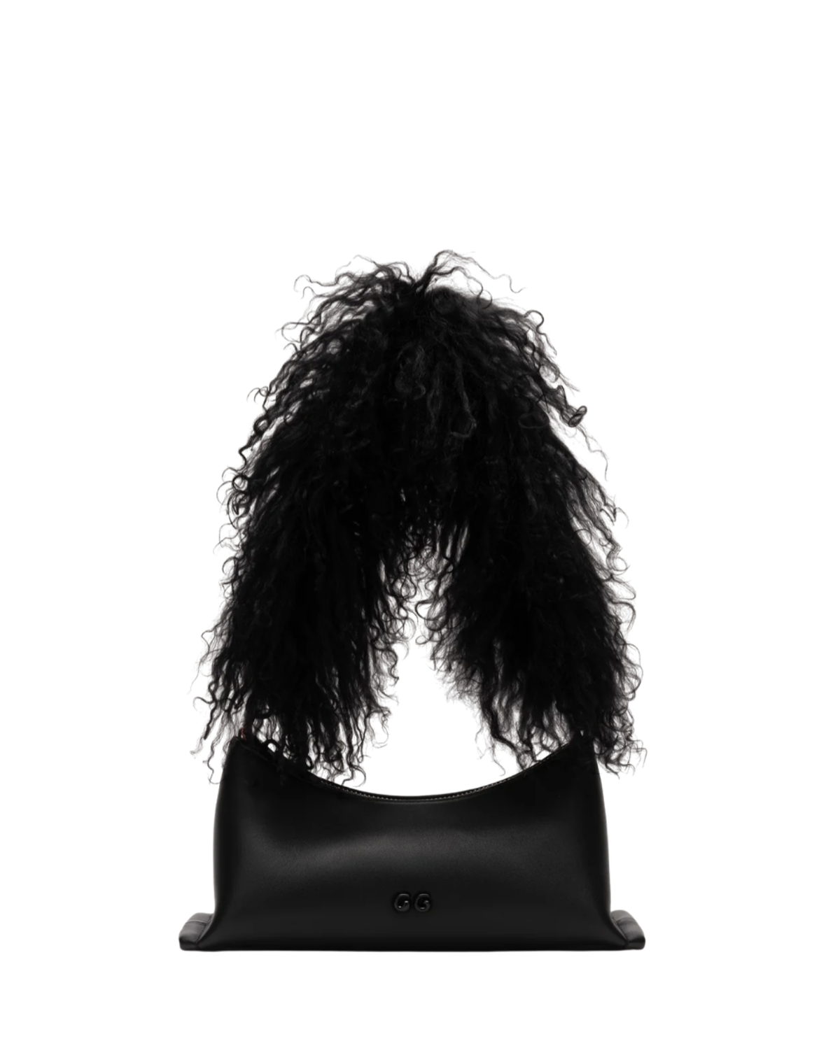 A black leather handbag with a wide, draped top flap made of voluminous black curly hair, shown against a plain white background.