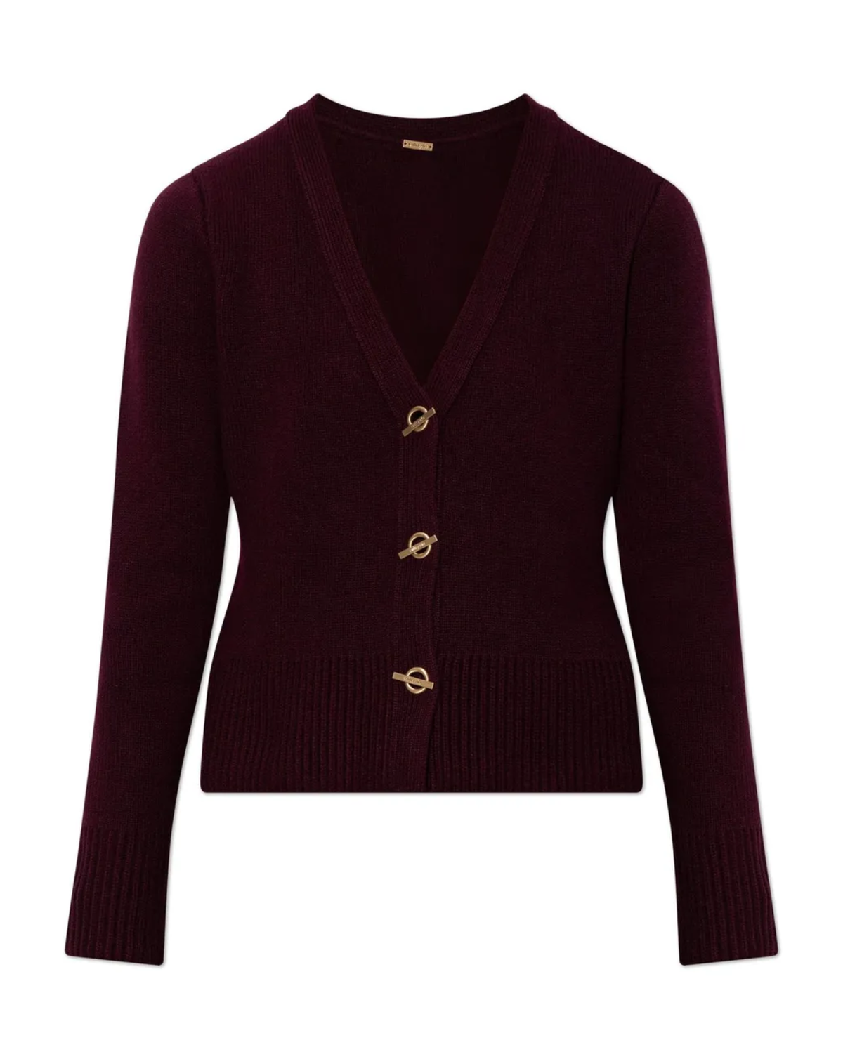 A dark burgundy knit cardigan sweater with a V-neck, long sleeves, and three gold-tone circular buttons, shown against a plain white background.