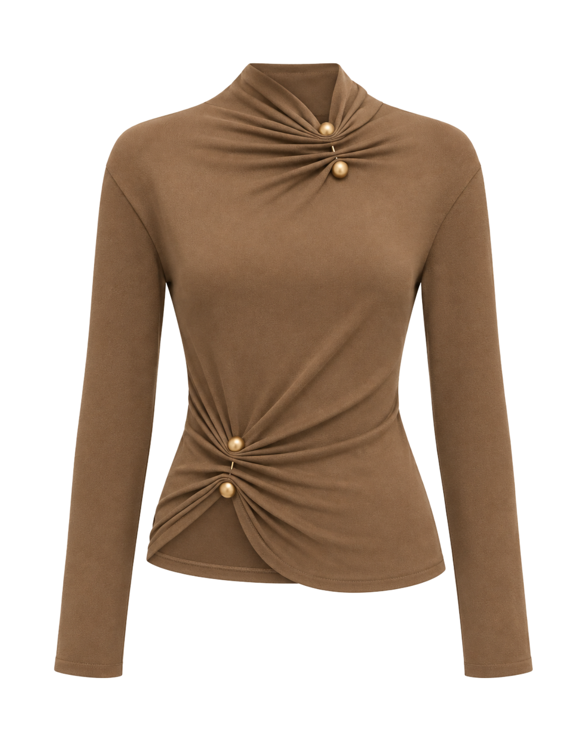 A long-sleeve brown mock neck top with gold button details at the chest and waist, displayed on a clean white background.