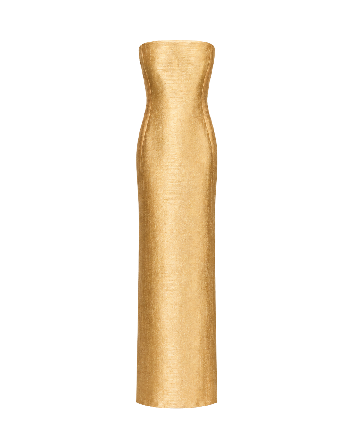 A strapless, floor-length column dress in a textured gold fabric, shown against a plain white background.