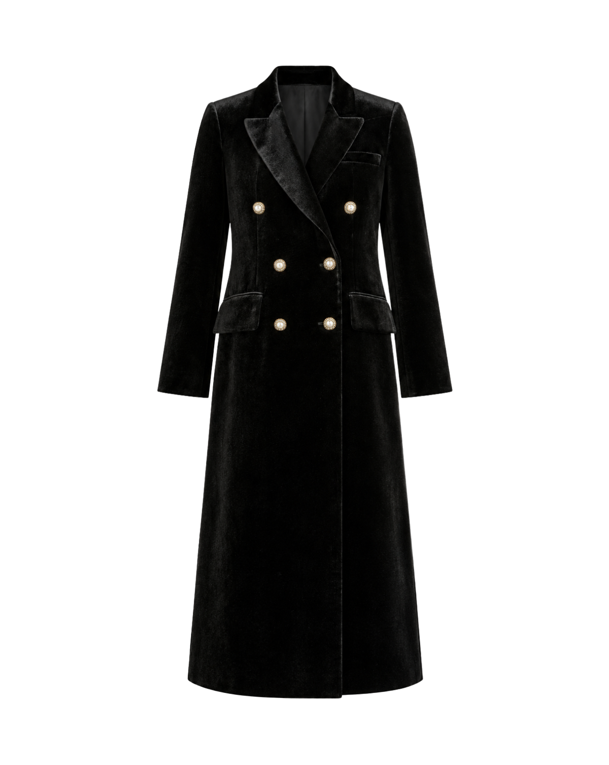 A long black velvet double-breasted coat with gold buttons and notched lapels, shown on a plain white background.