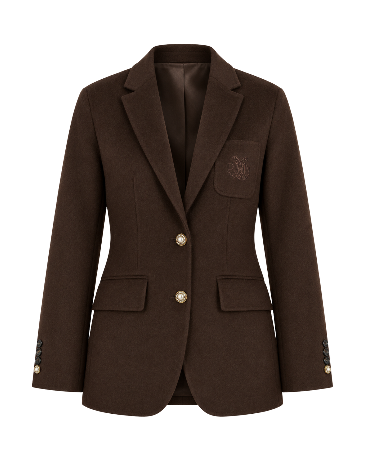 A dark brown wool-blend blazer with notched lapels, two gold-tone buttons, flap pockets, and a small embroidered crest on the left chest pocket, shown against a plain white background.