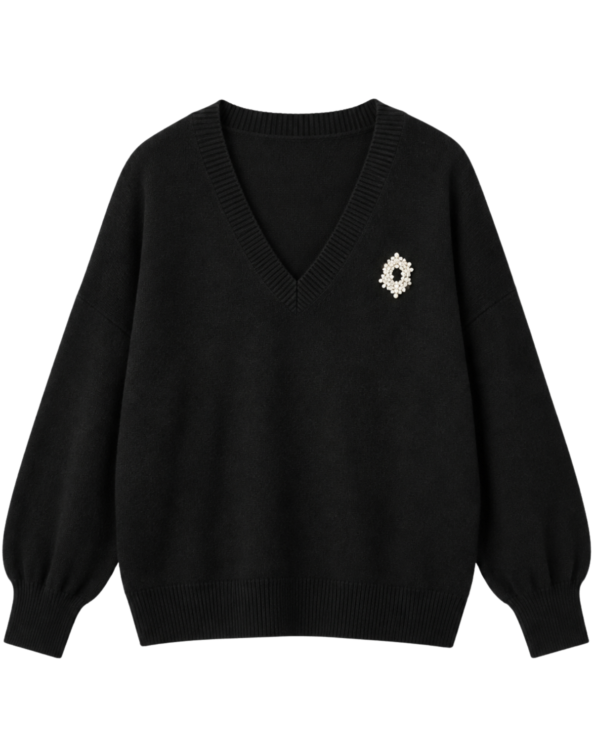 A black knit V-neck sweater with balloon sleeves, featuring a small white floral embroidered detail on the left chest, shown against a plain white background.