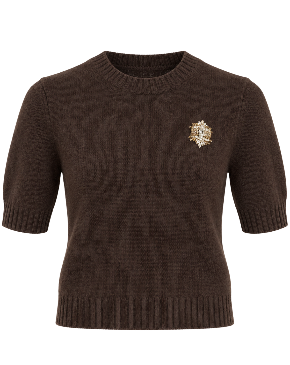 A dark brown short-sleeve knit sweater with a crew neck and ribbed cuffs and hem, featuring a small gold and white embroidered crest on the left chest.