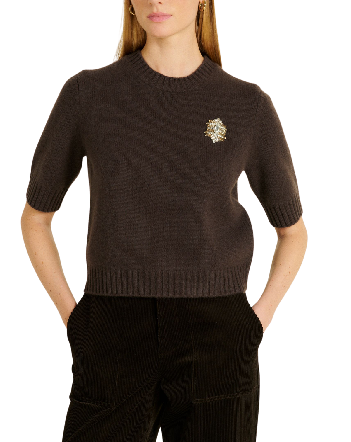 A woman wearing a short-sleeve crewneck knit sweater in dark brown with a small embroidered floral detail on the left chest, paired with dark pants against a plain white background.