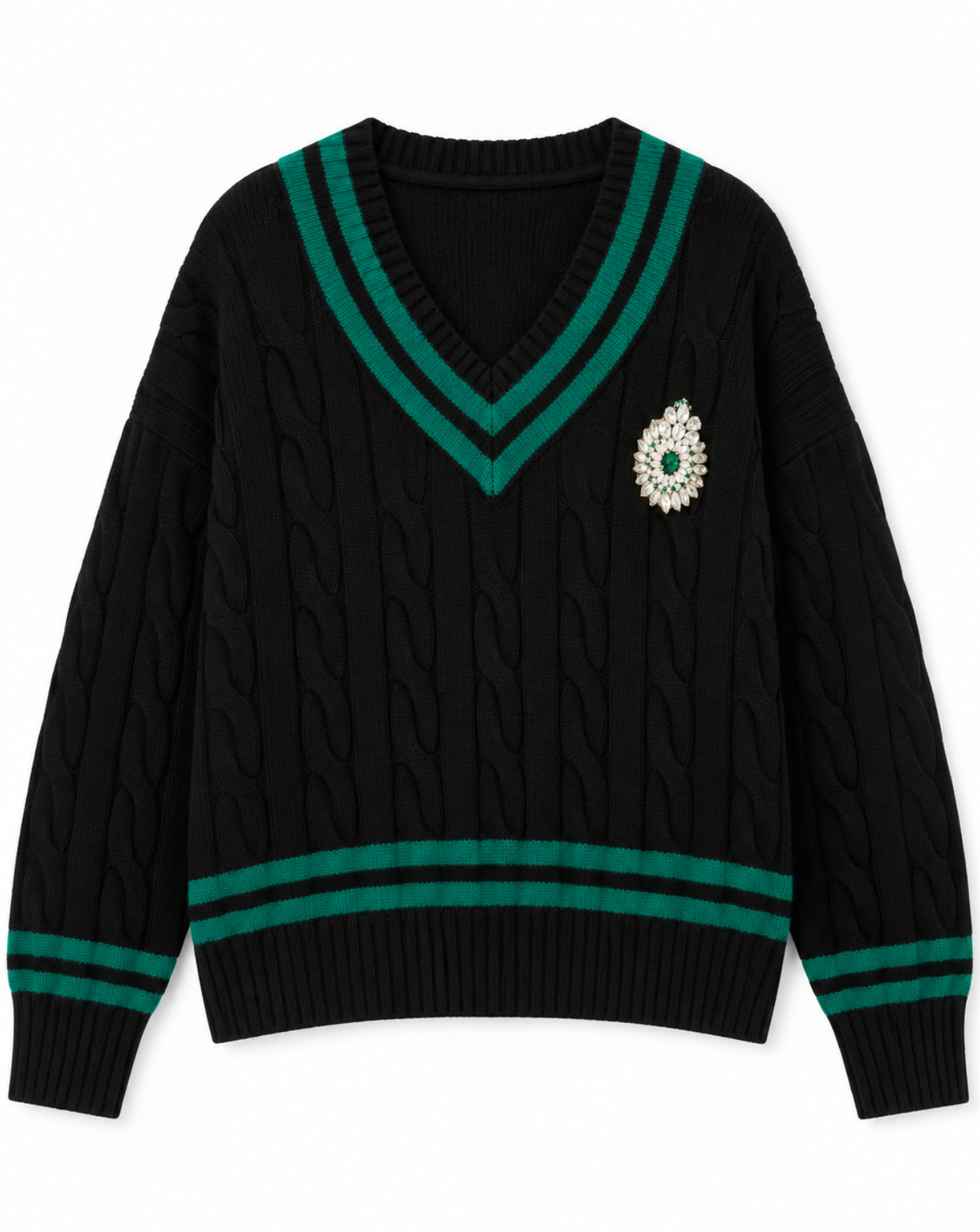 A black cable-knit V-neck sweater with teal green stripe accents on the collar, cuffs, and hem, featuring a decorative brooch on the left chest.