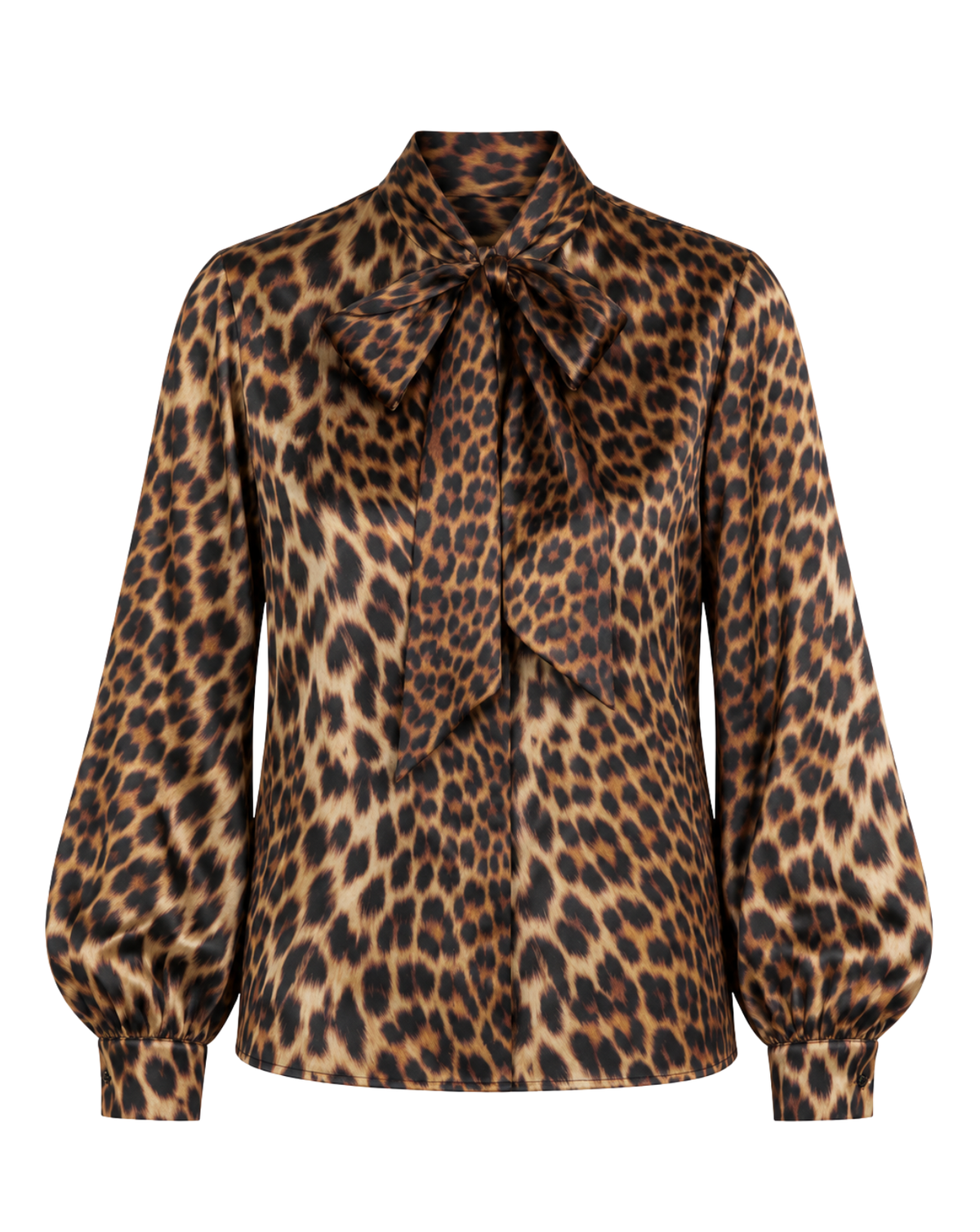 A leopard print long-sleeve blouse with a high collar and a large bow at the neck, shown on a plain white background.