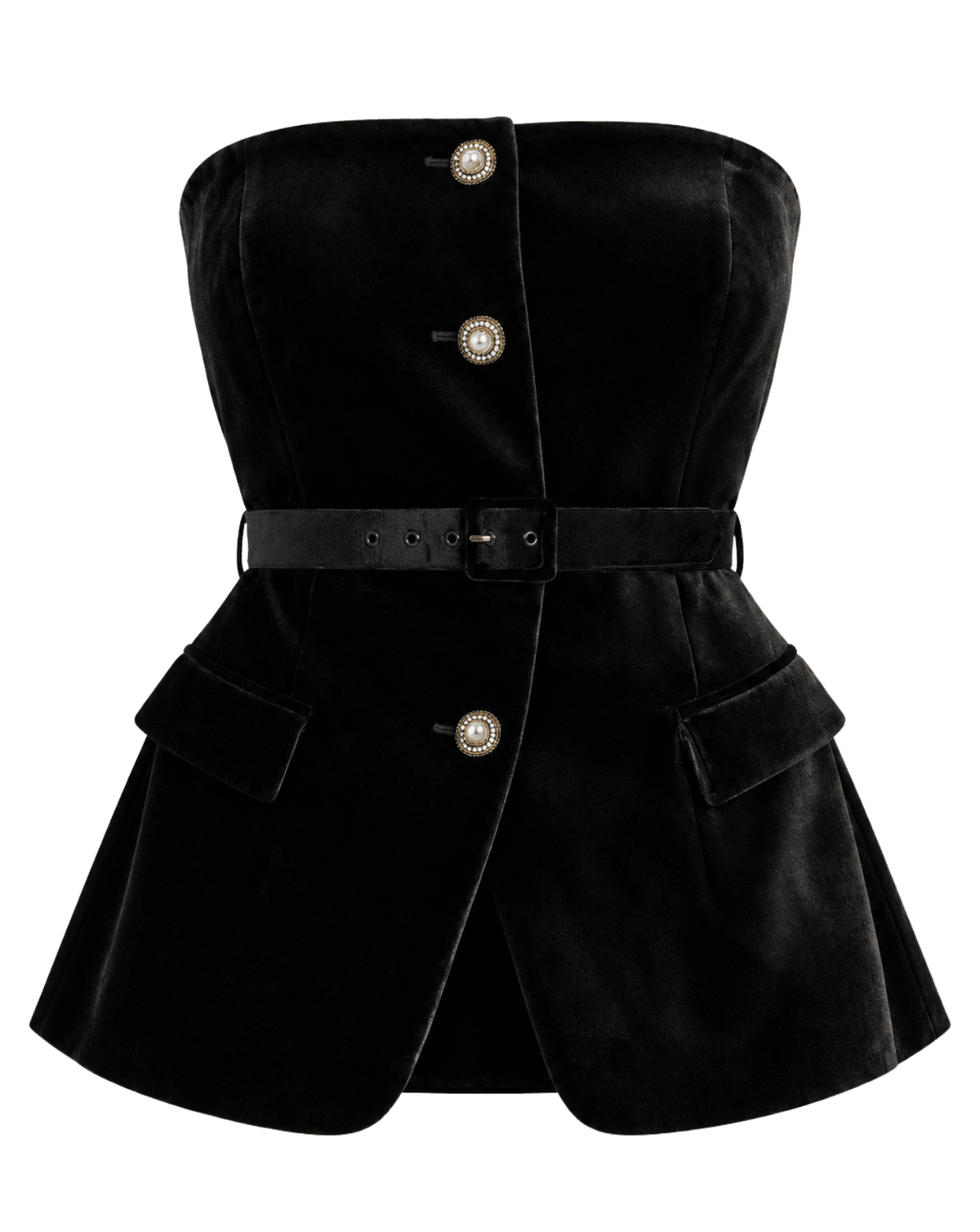 Black velvet strapless peplum jacket with a matching belt and decorative gold-tone buttons, shown on a plain white background.