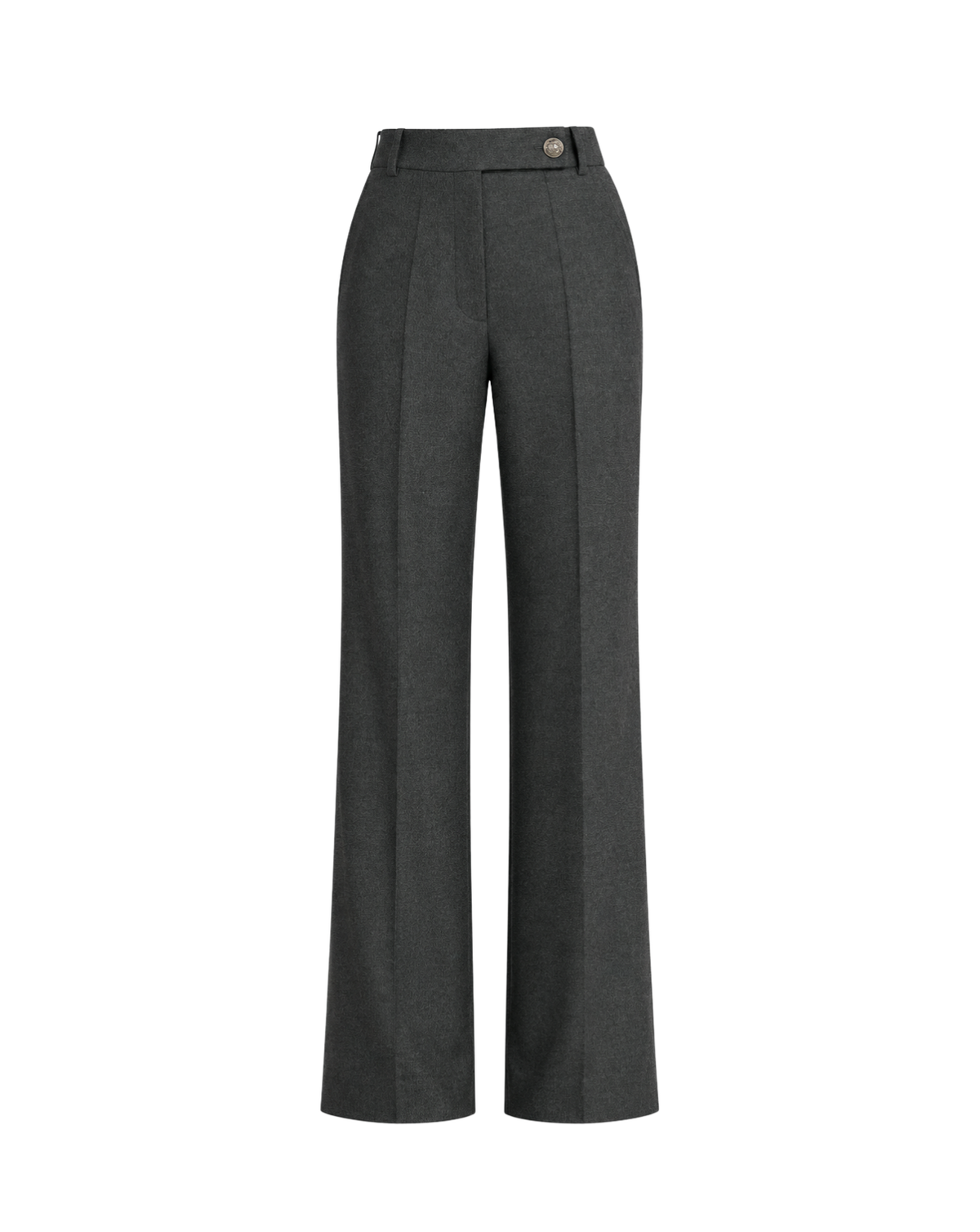 A pair of dark gray wide-leg trousers with a structured waist and a single decorative button at the front, shown against a plain white background.