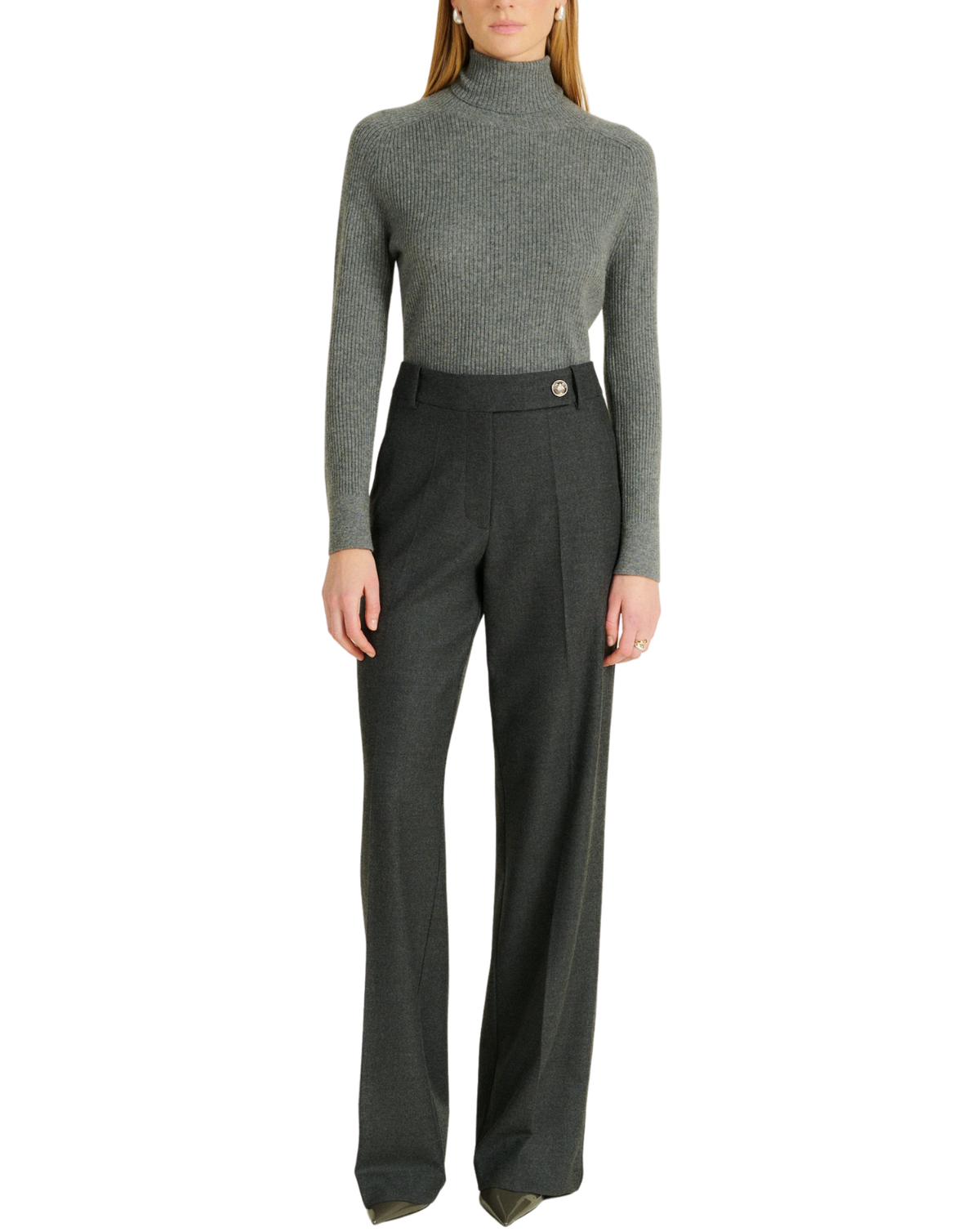 A model wearing a gray ribbed turtleneck sweater and dark charcoal gray wide-leg trousers with a single decorative button at the waist, set against a plain white background.